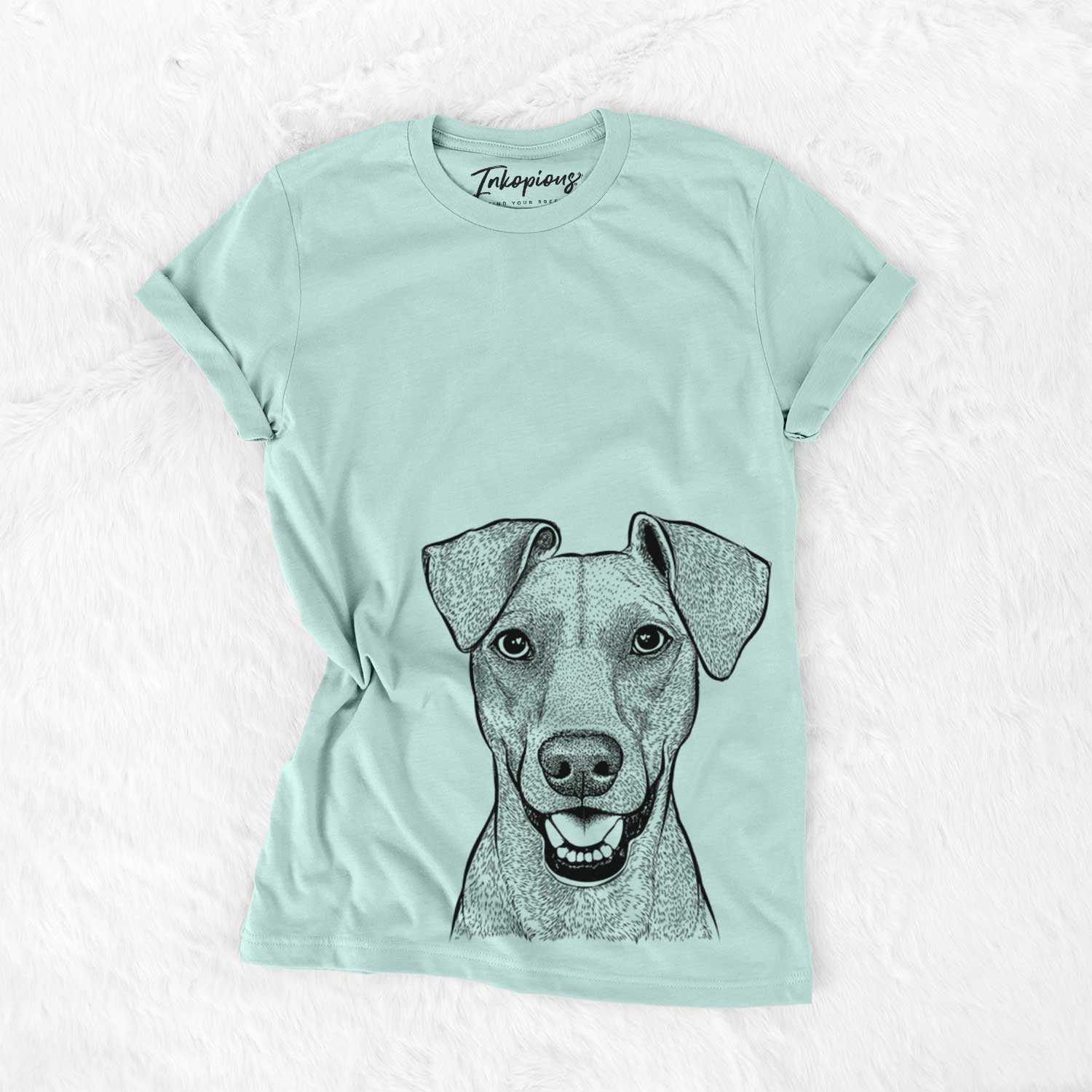Hand-drawn sketch of Willow the German Pinscher on a Heather Sage Unisex crewneck