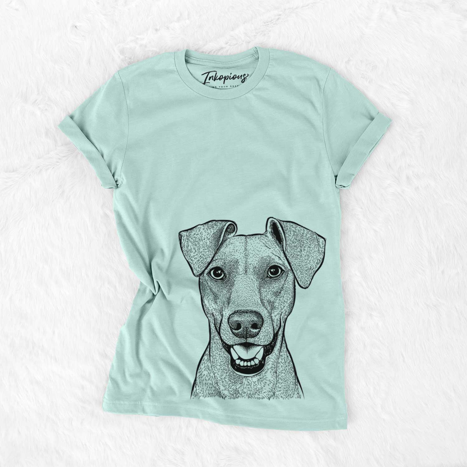 Hand-drawn sketch of Willow the German Pinscher on a Heather Sage Bella Canvas Unisex Crewneck