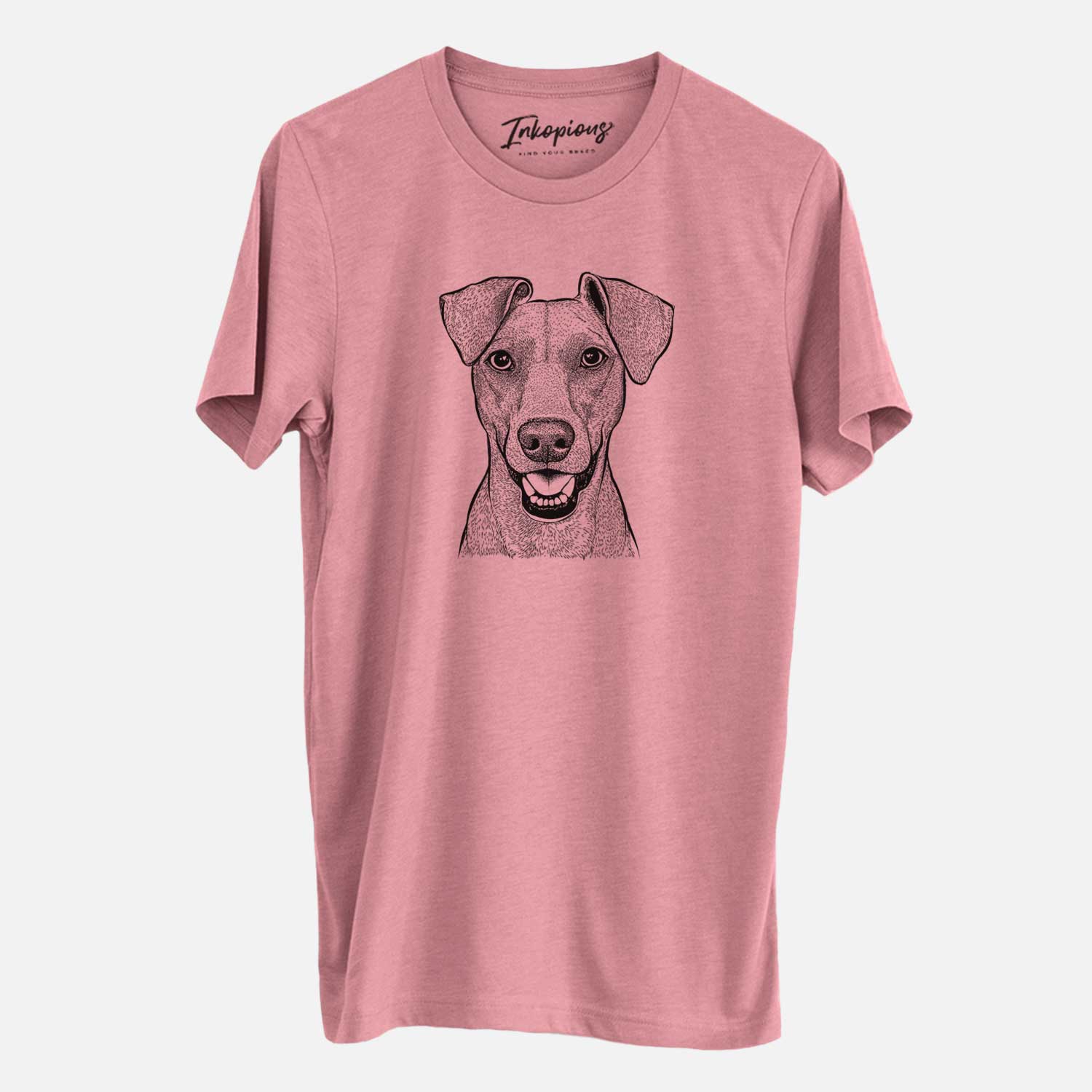 Hand-drawn sketch of Willow the German Pinscher on a Mauve Unisex crewneck