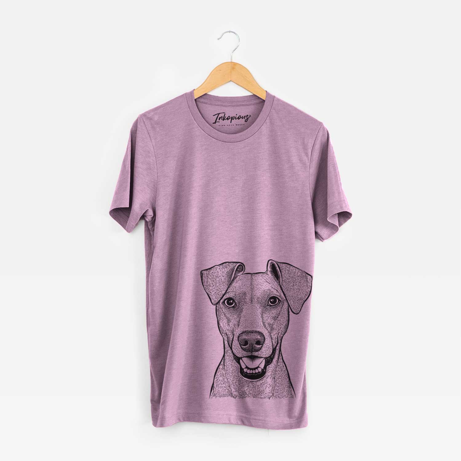 Hand-drawn sketch of Willow the German Pinscher on an Orchid Bella Canvas Unisex Crewneck
