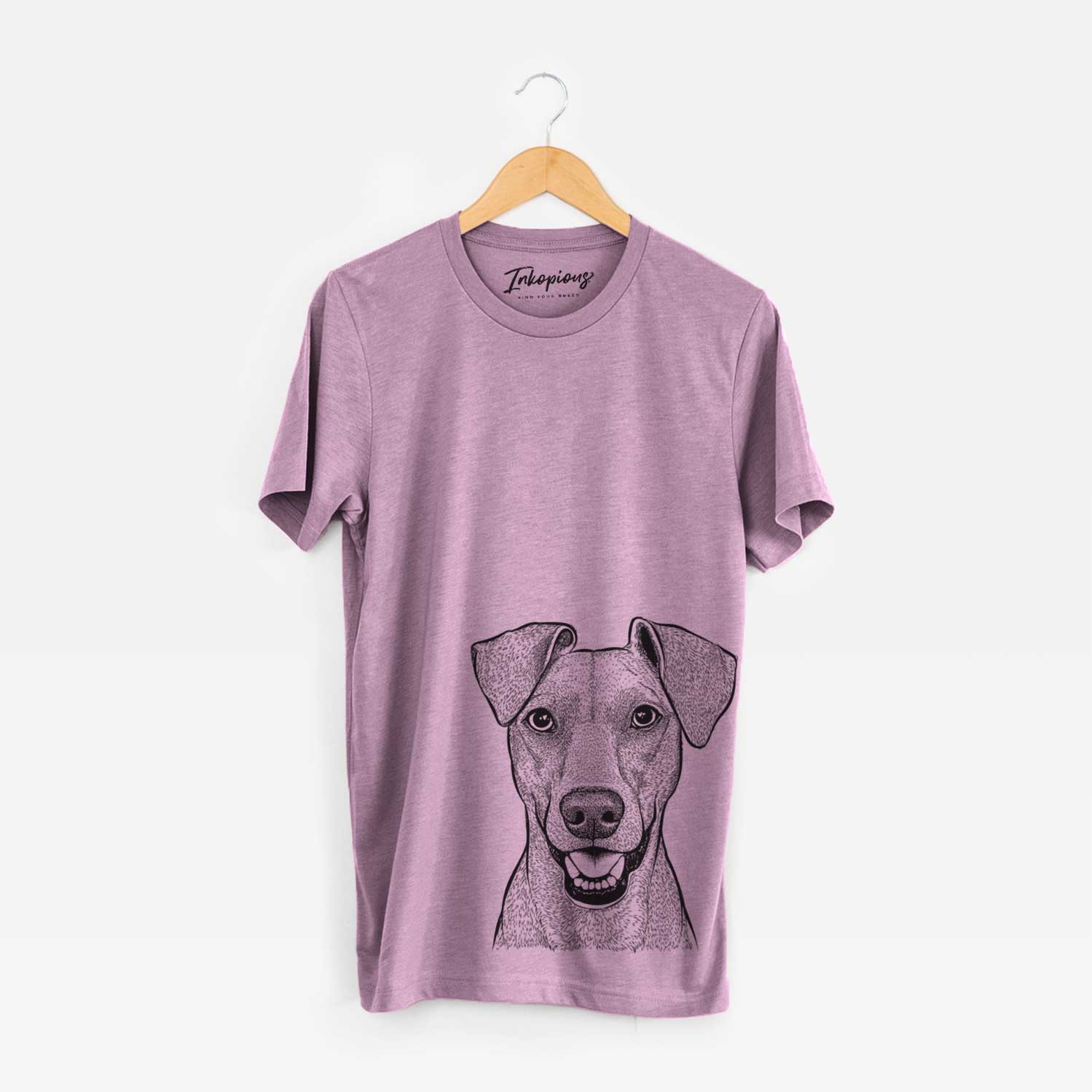 Hand-drawn sketch of Willow the German Pinscher on an Orchid Unisex crewneck