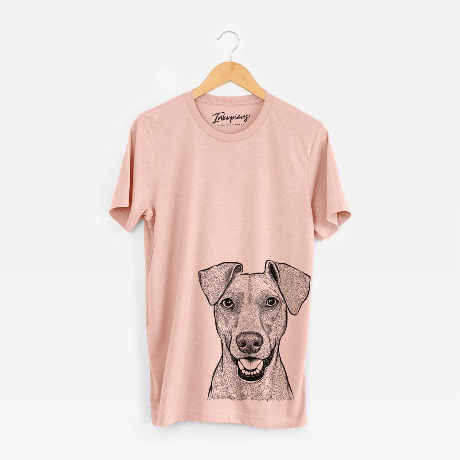 Hand-drawn sketch of Willow the German Pinscher on a Peach Unisex crewneck