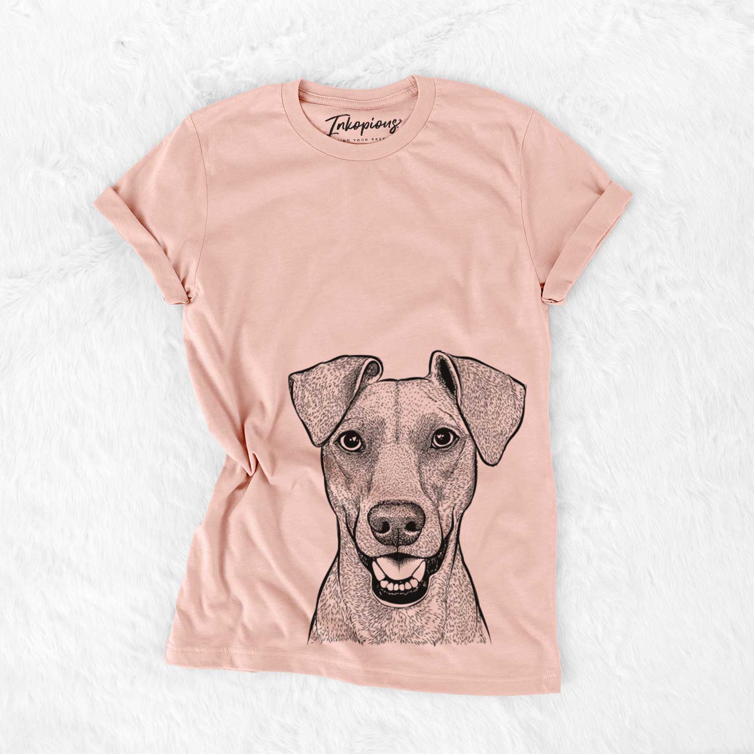 Hand-drawn sketch of Willow the German Pinscher on a Peach Bella Canvas Unisex Crewneck