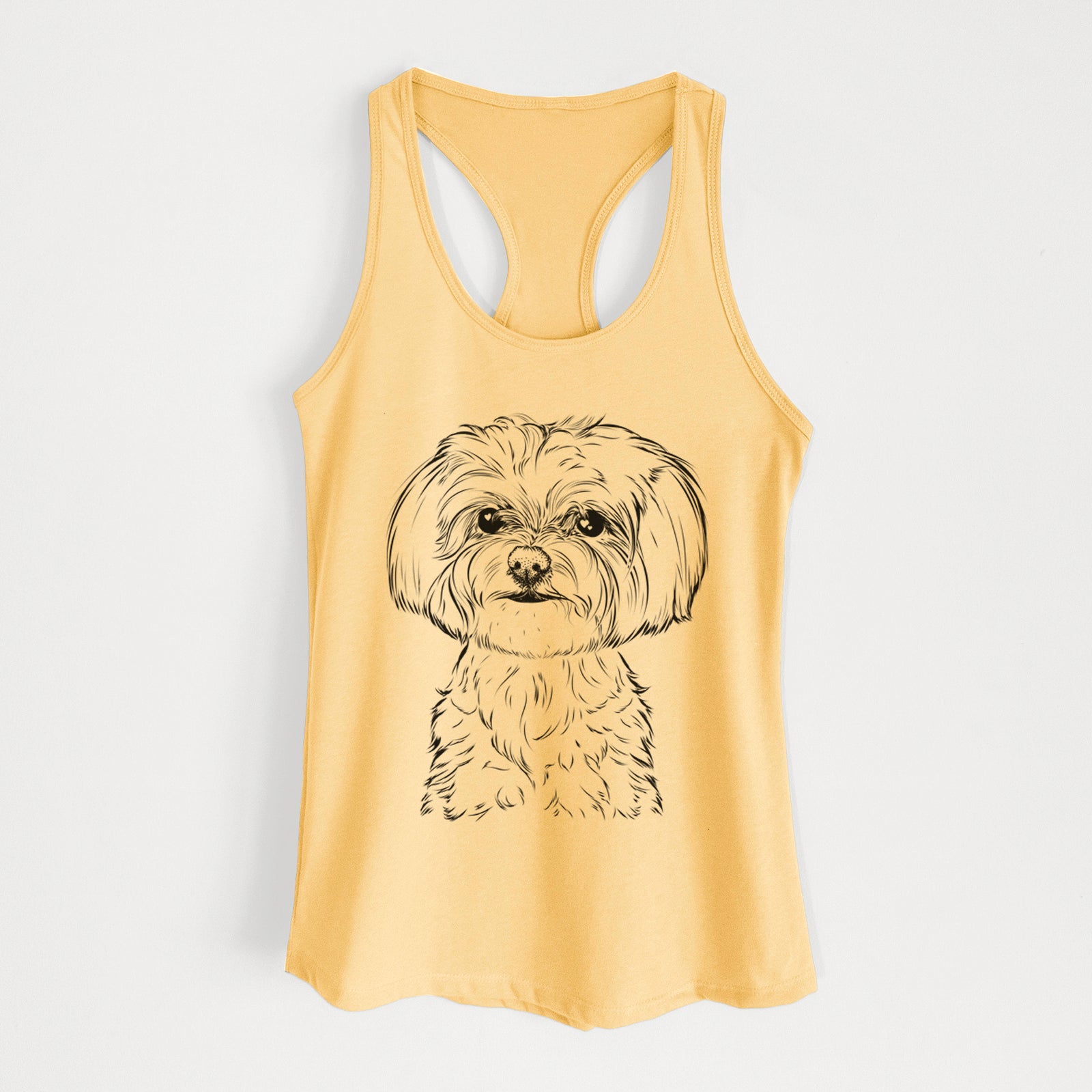 Hand-drawn sketch of Willow the Maltese on a Banana Cream Women's racerback tanktop