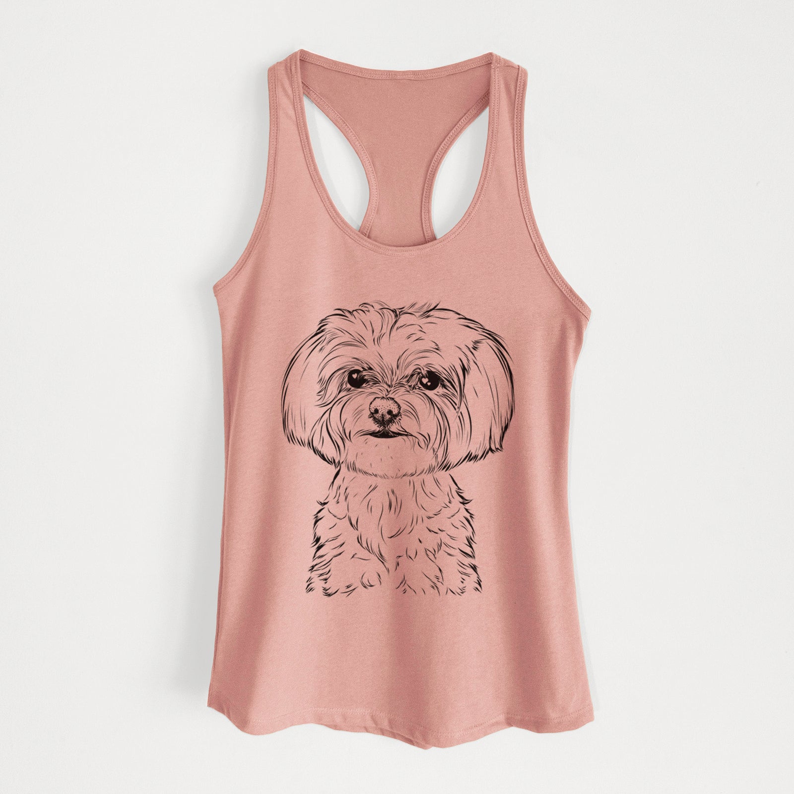 Hand-drawn sketch of Willow the Maltese on a Desert Pink Women's racerback tanktop