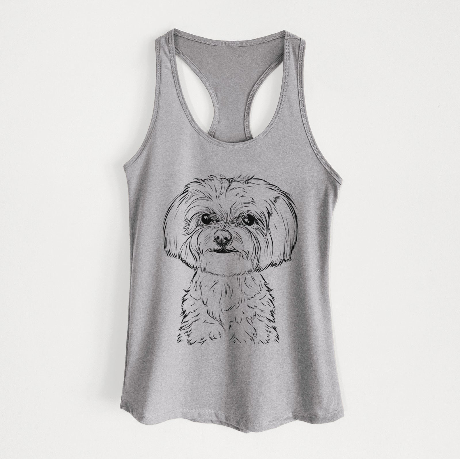 Hand-drawn sketch of Willow the Maltese on a Heather Grey Women's racerback tanktop