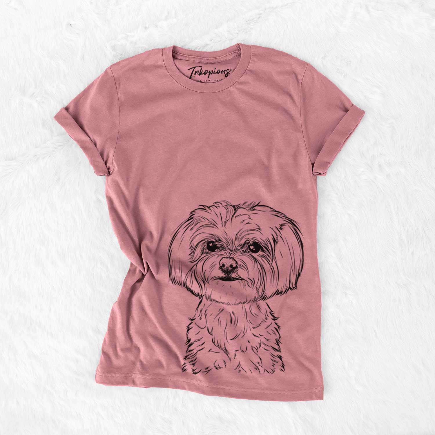 Hand-drawn sketch of Willow the Maltese on a Mauve Bella Canvas Unisex Crewneck