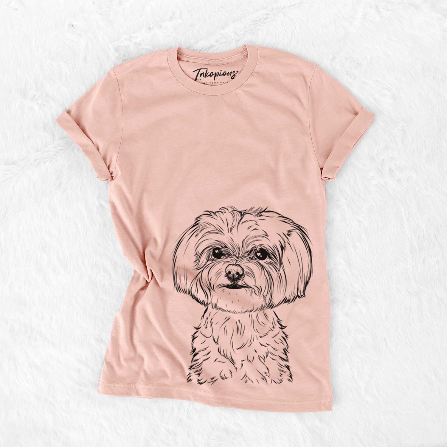 Hand-drawn sketch of Willow the Maltese on a Peach Bella Canvas Unisex Crewneck