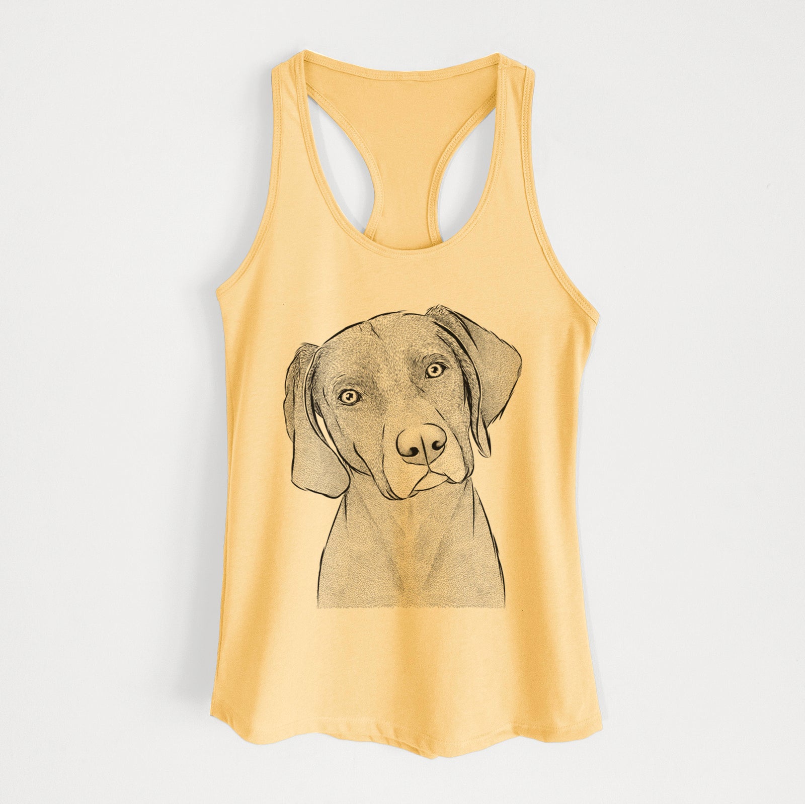 Hand-drawn sketch of Willow the Weizsla on a Banana Cream Women's racerback tanktop