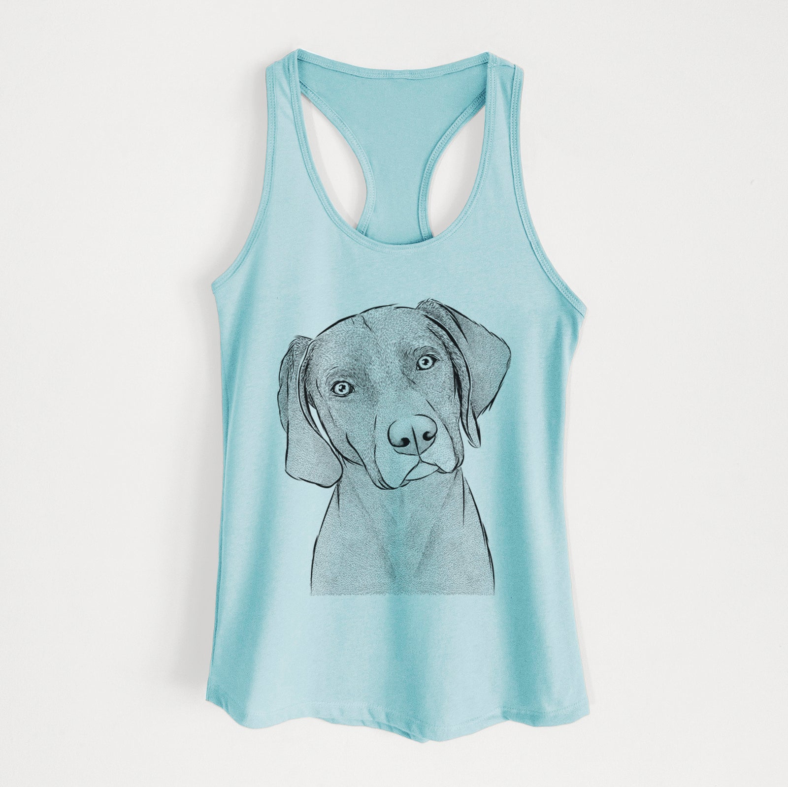 Hand-drawn sketch of Willow the Weizsla on a Cancun Blue Women's racerback tanktop