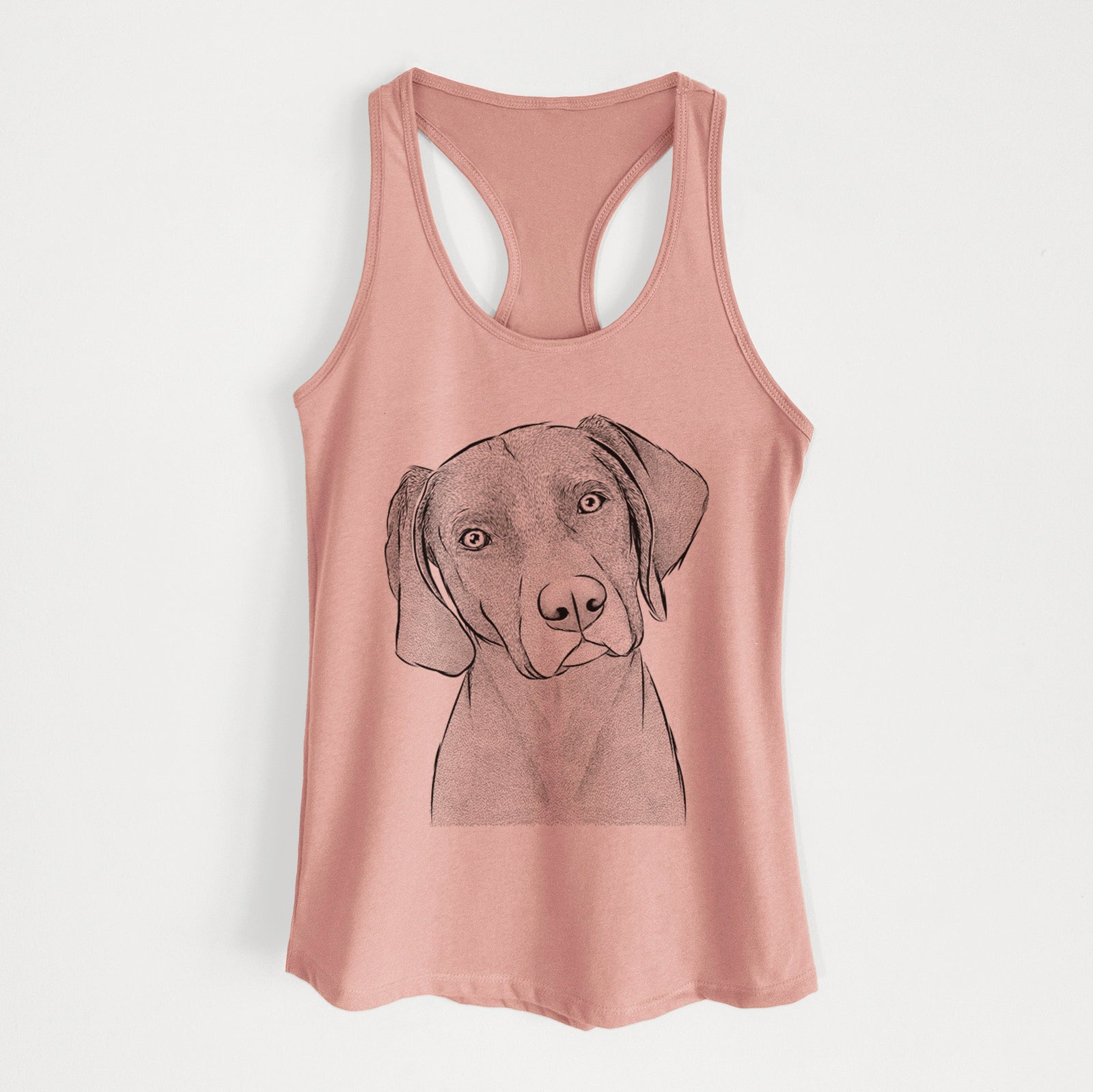 Hand-drawn sketch of Willow the Weizsla on a Desert Pink Women's racerback tanktop