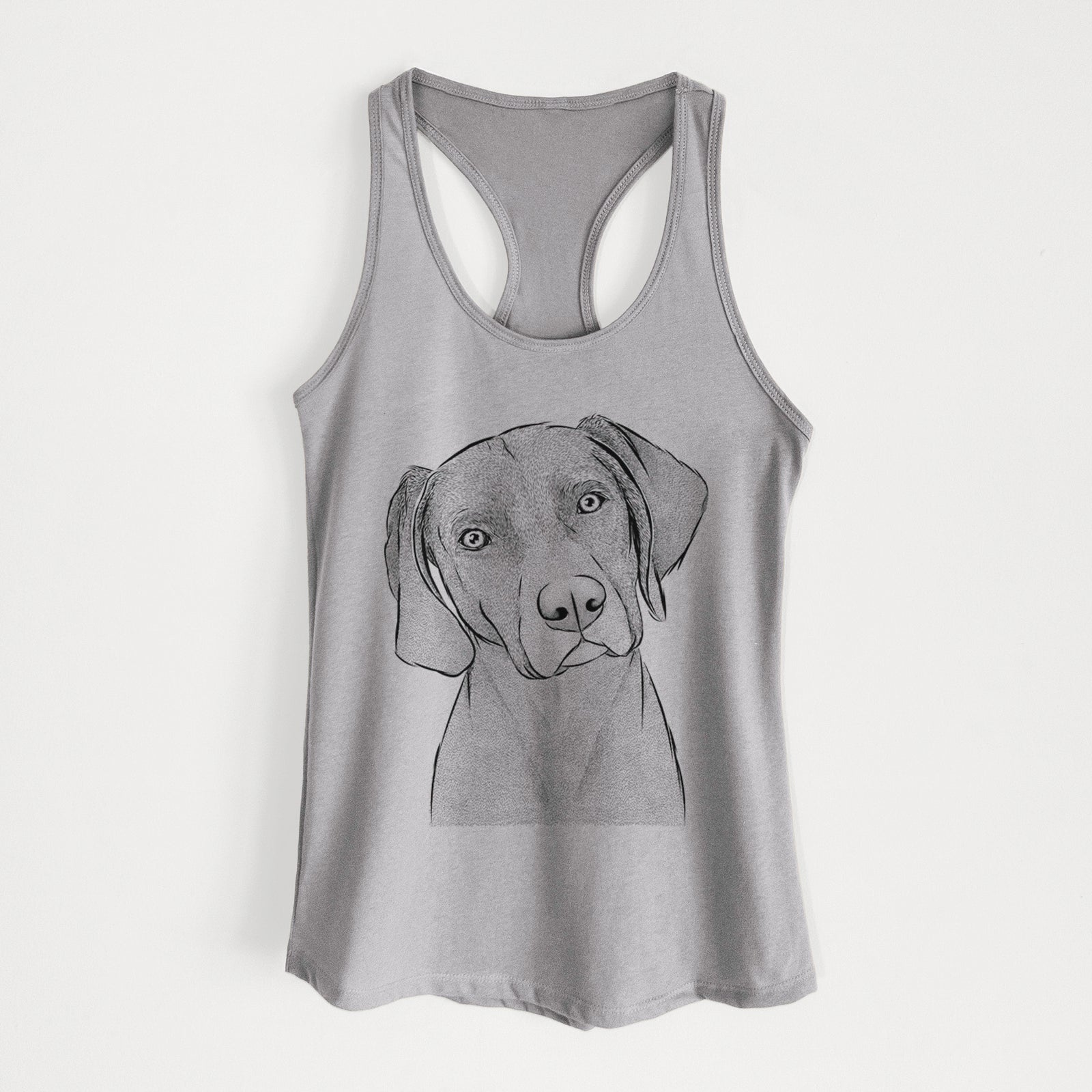 Hand-drawn sketch of Willow the Weizsla on a Heather Grey Women's racerback tanktop