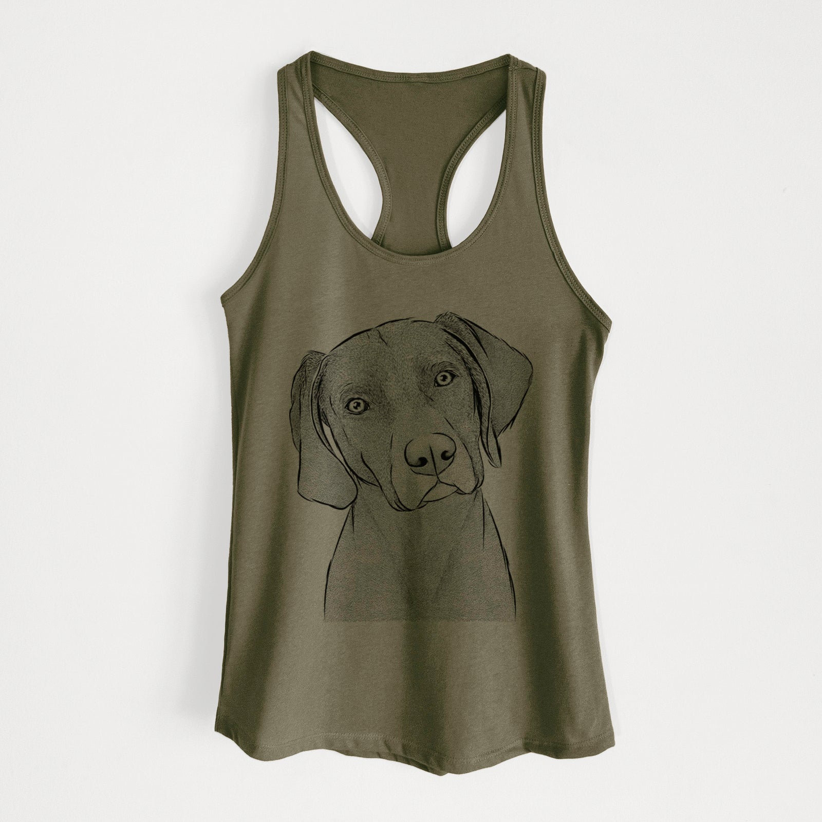 Hand-drawn sketch of Willow the Weizsla on a Military Green Women's racerback tanktop
