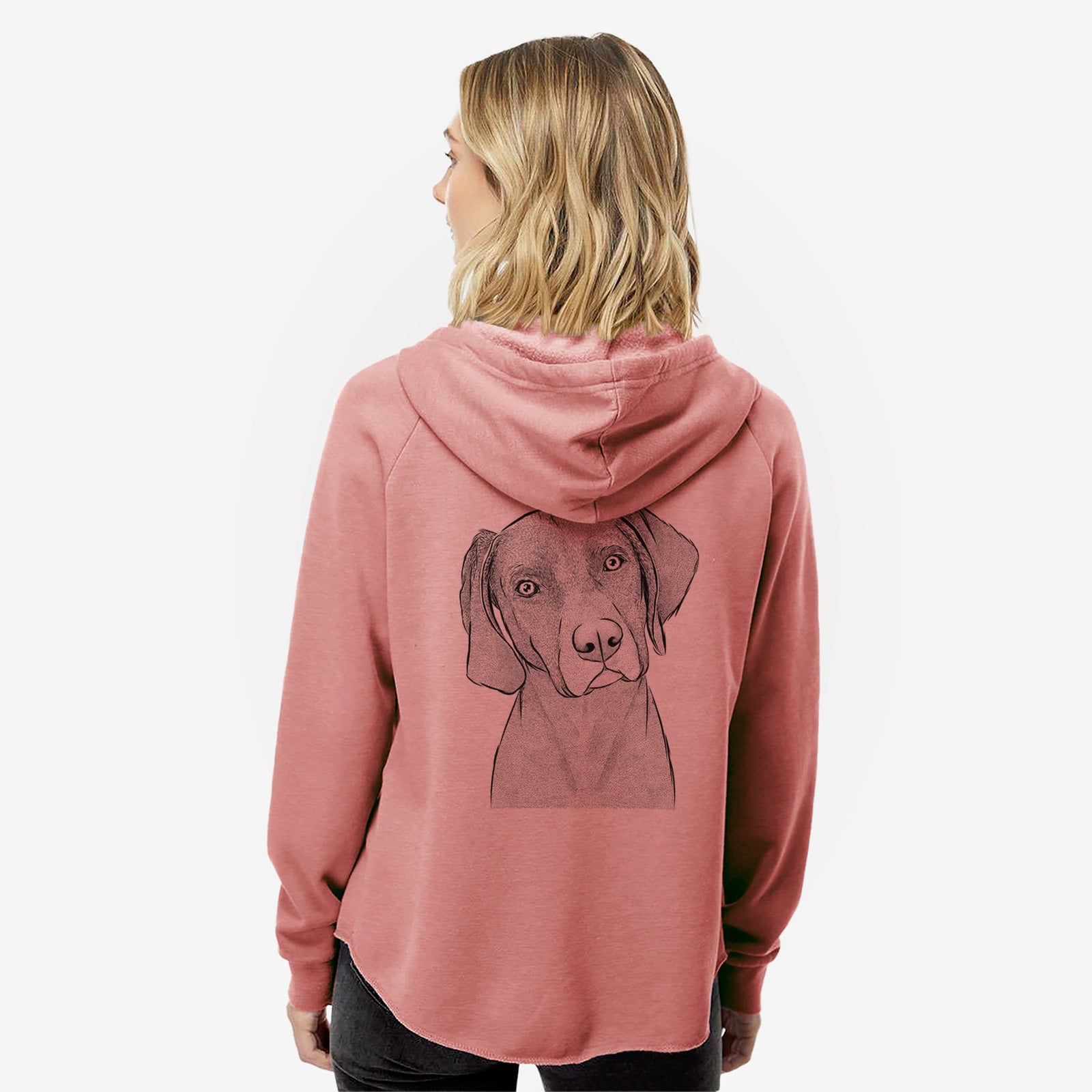 Hand-drawn sketch of Willow the Weizsla on a Dusty Rose Women's cali wave zip-up sweatshirt