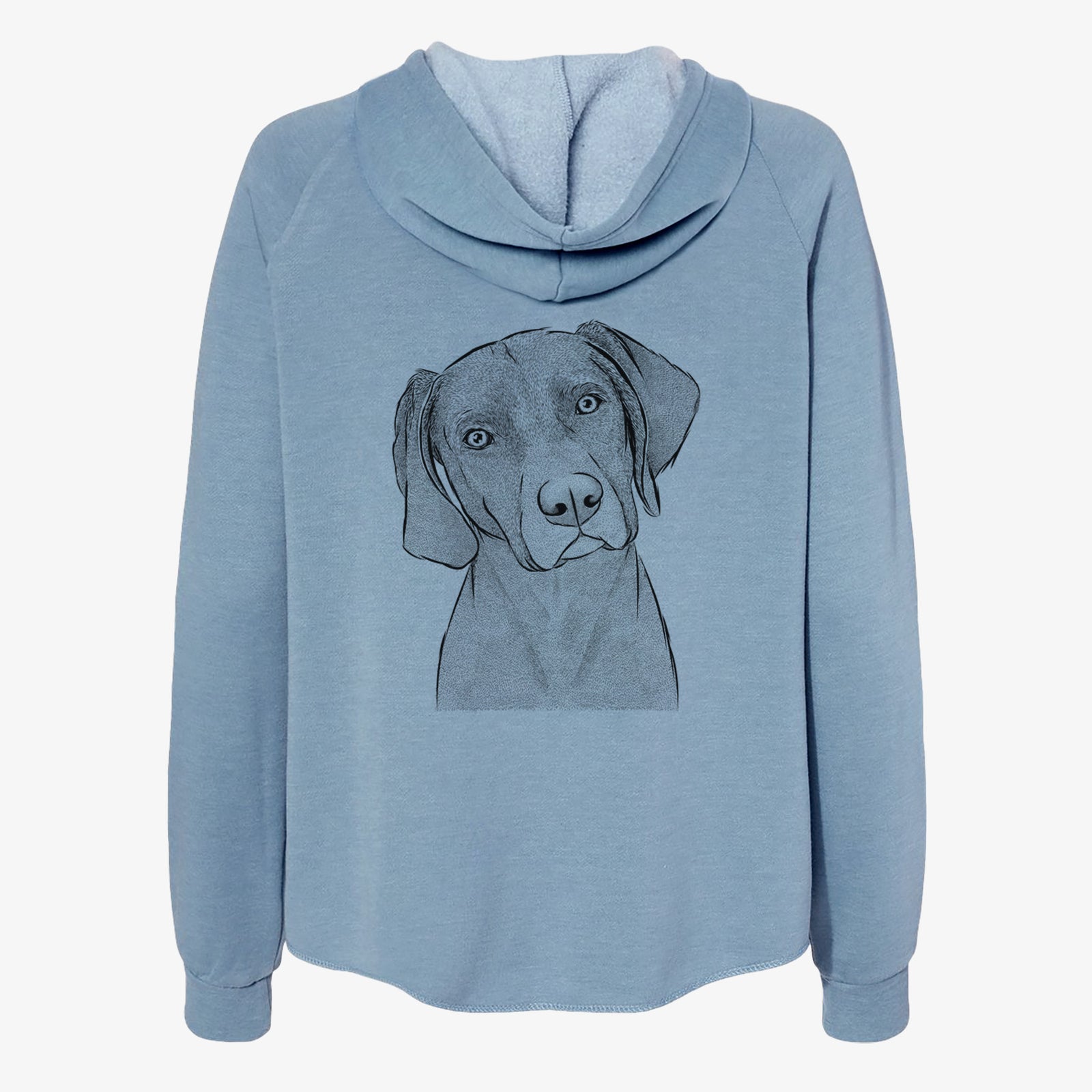 Hand-drawn sketch of Willow the Weizsla on a Misty Blue Women's cali wave zip-up sweatshirt