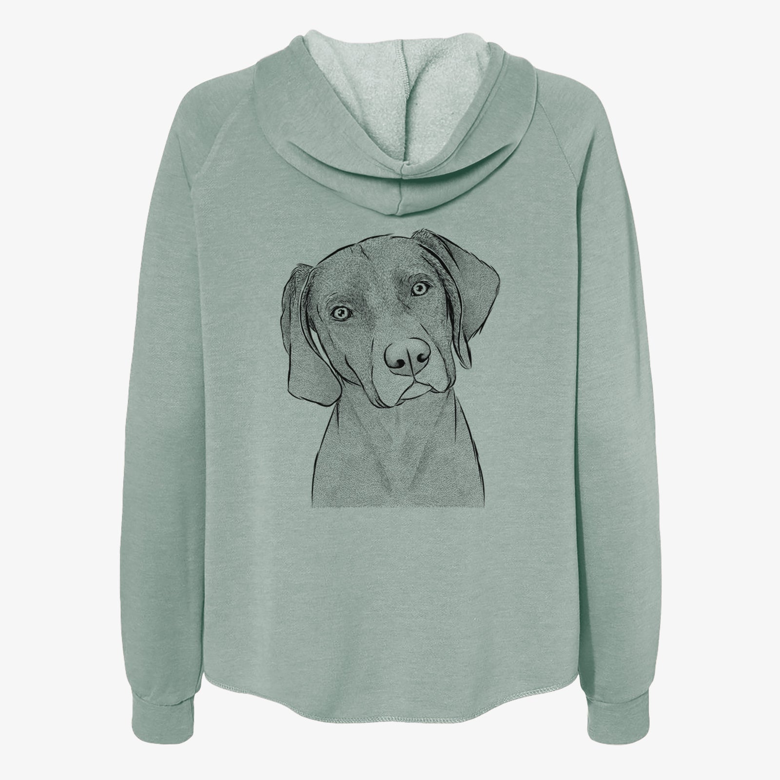 Hand-drawn sketch of Willow the Weizsla on a Sage Women's cali wave zip-up sweatshirt