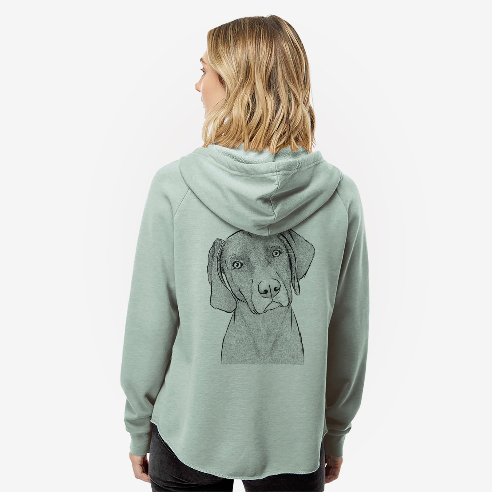 Hand-drawn sketch of Willow the Weizsla on a Sage Women's cali wave zip-up sweatshirt