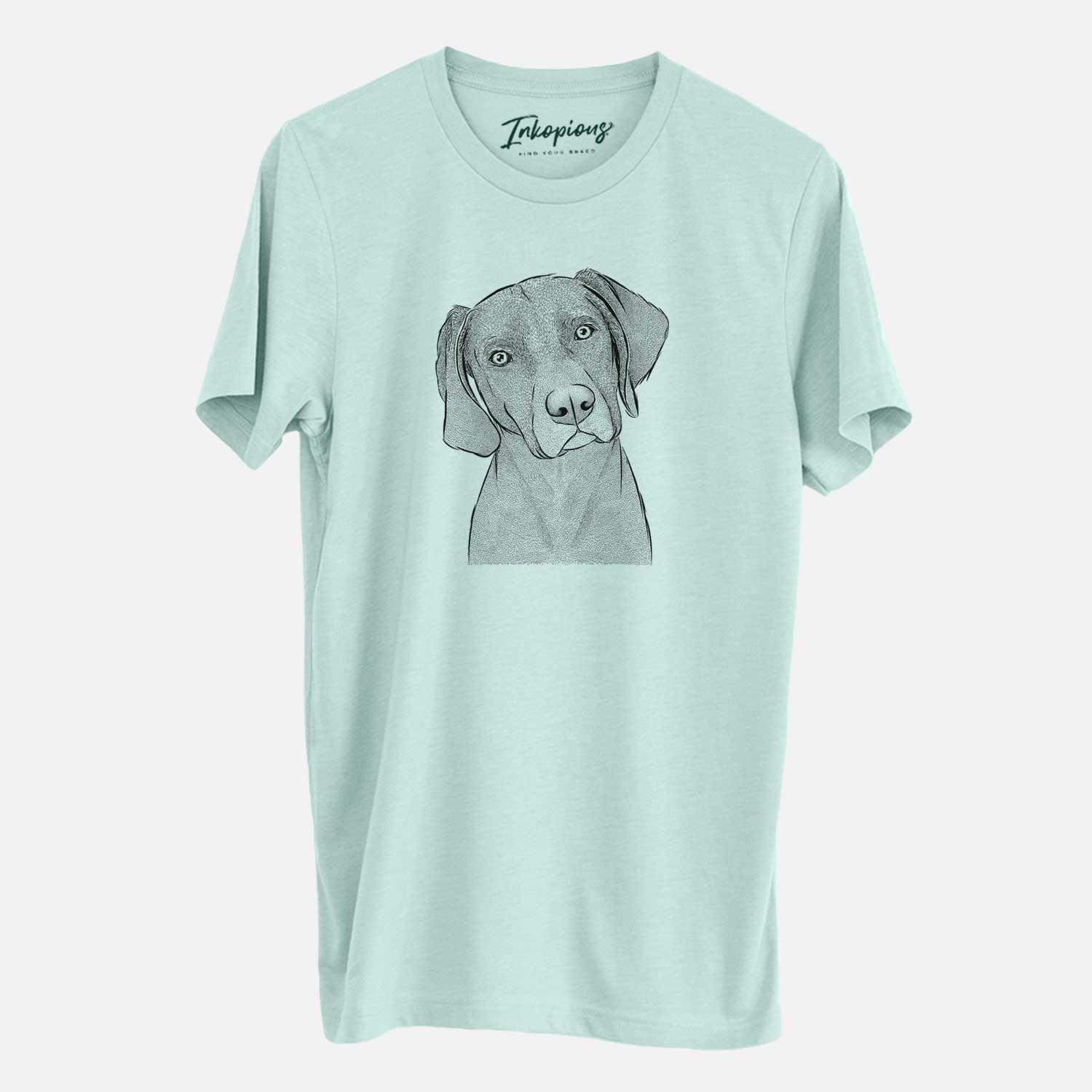 Hand-drawn sketch of Willow the Weizsla on a Heather Sage Unisex crewneck