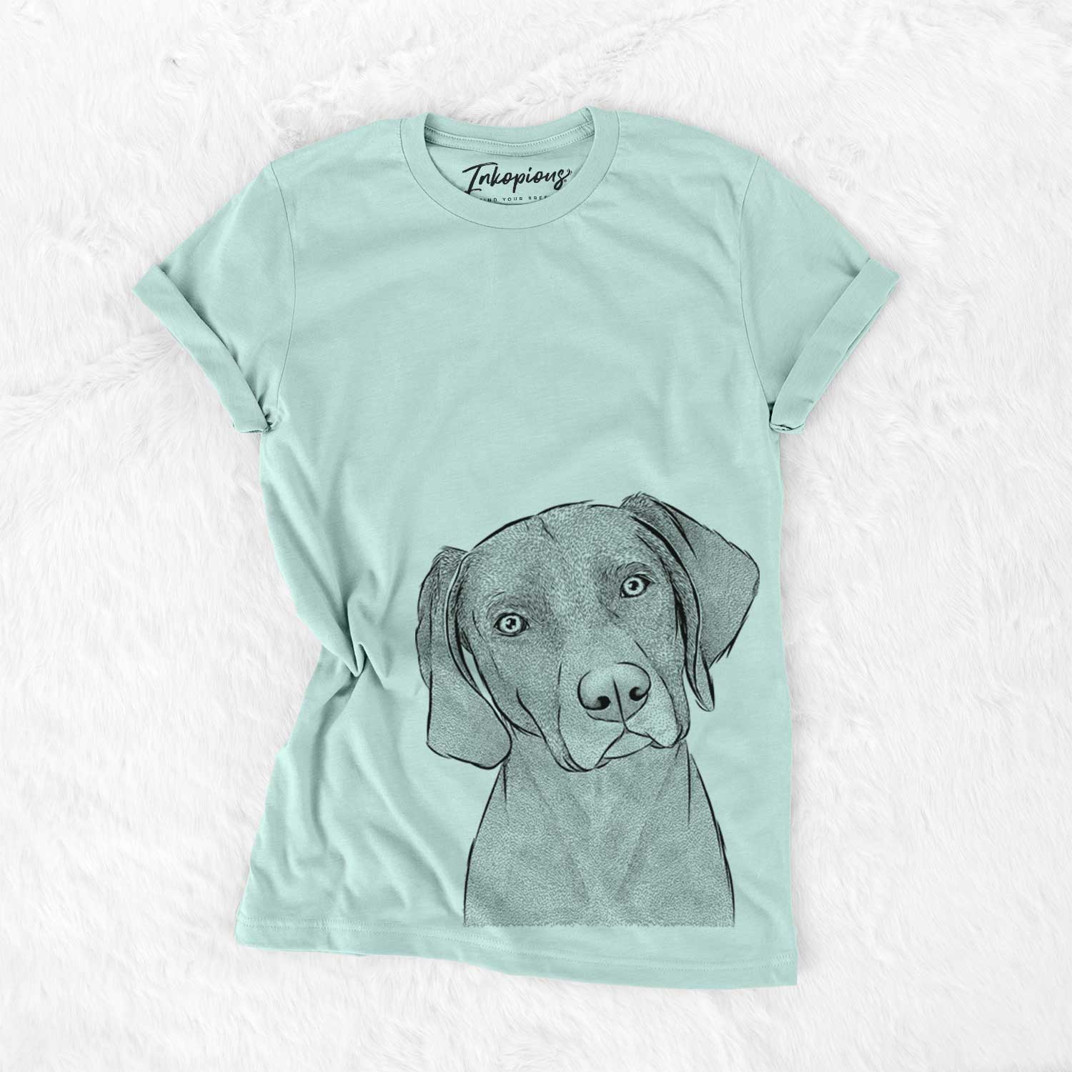 Hand-drawn sketch of Willow the Weizsla on a Heather Sage Unisex crewneck