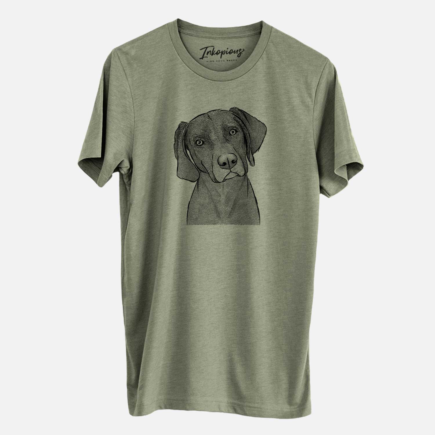 Hand-drawn sketch of Willow the Weizsla on an Olive Unisex crewneck