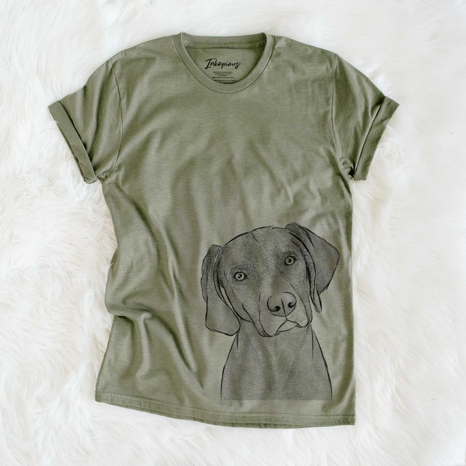 Hand-drawn sketch of Willow the Weizsla on an Olive Unisex crewneck