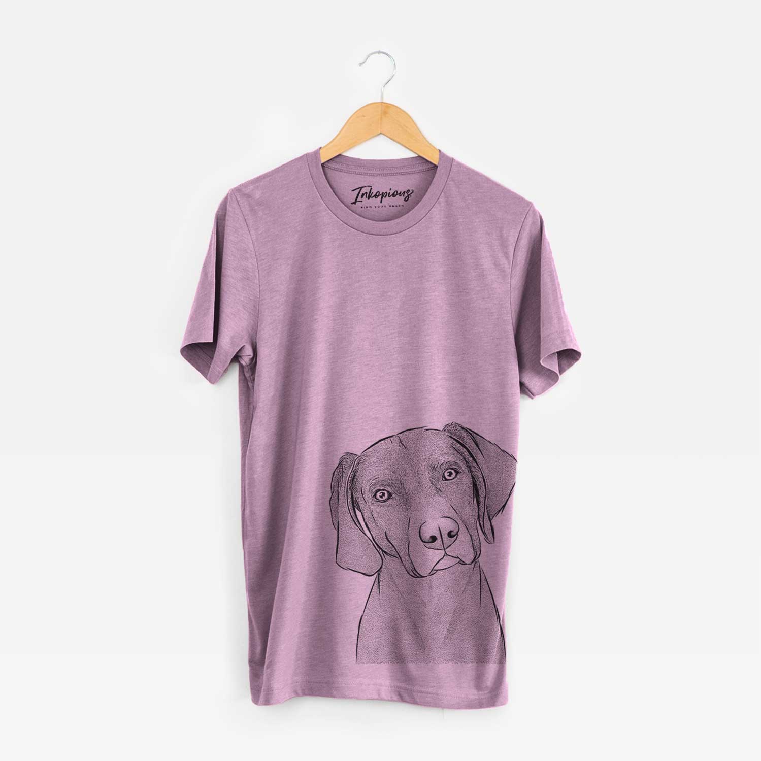 Hand-drawn sketch of Willow the Weizsla on an Orchid Bella Canvas Unisex Crewneck