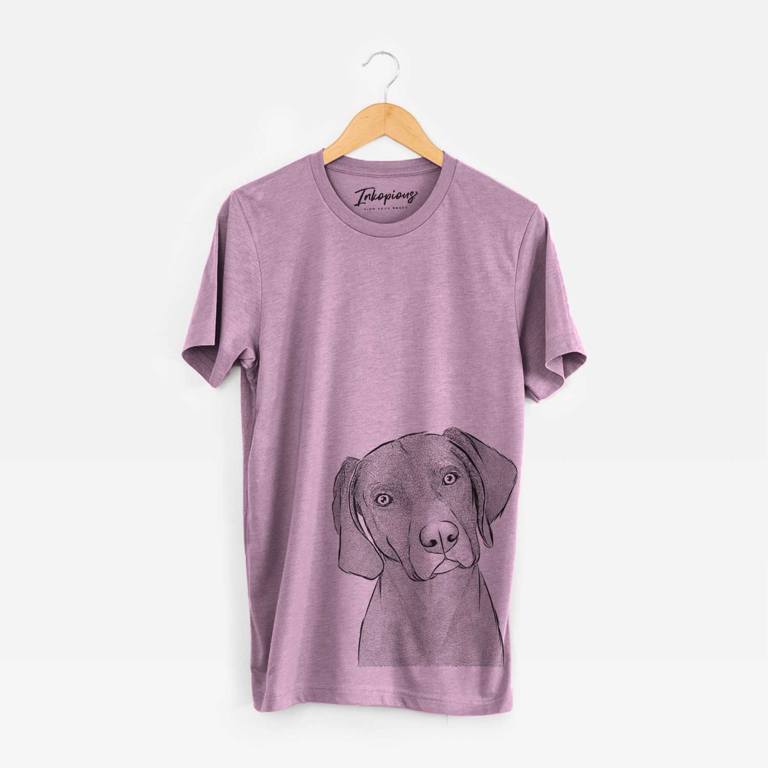 Hand-drawn sketch of Willow the Weizsla on an Orchid Unisex crewneck