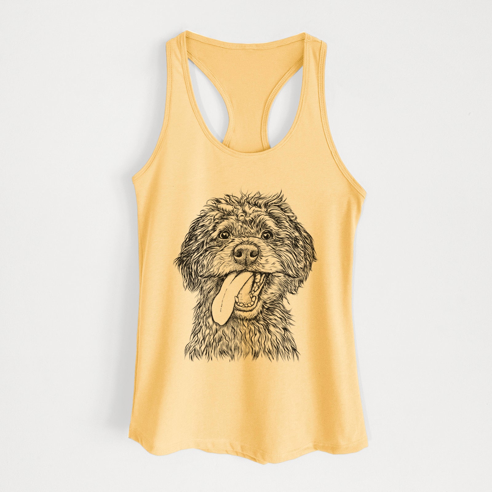 Hand-drawn sketch of Winnie the Mini Aussiedoodle on a Banana Cream Women's racerback tanktop
