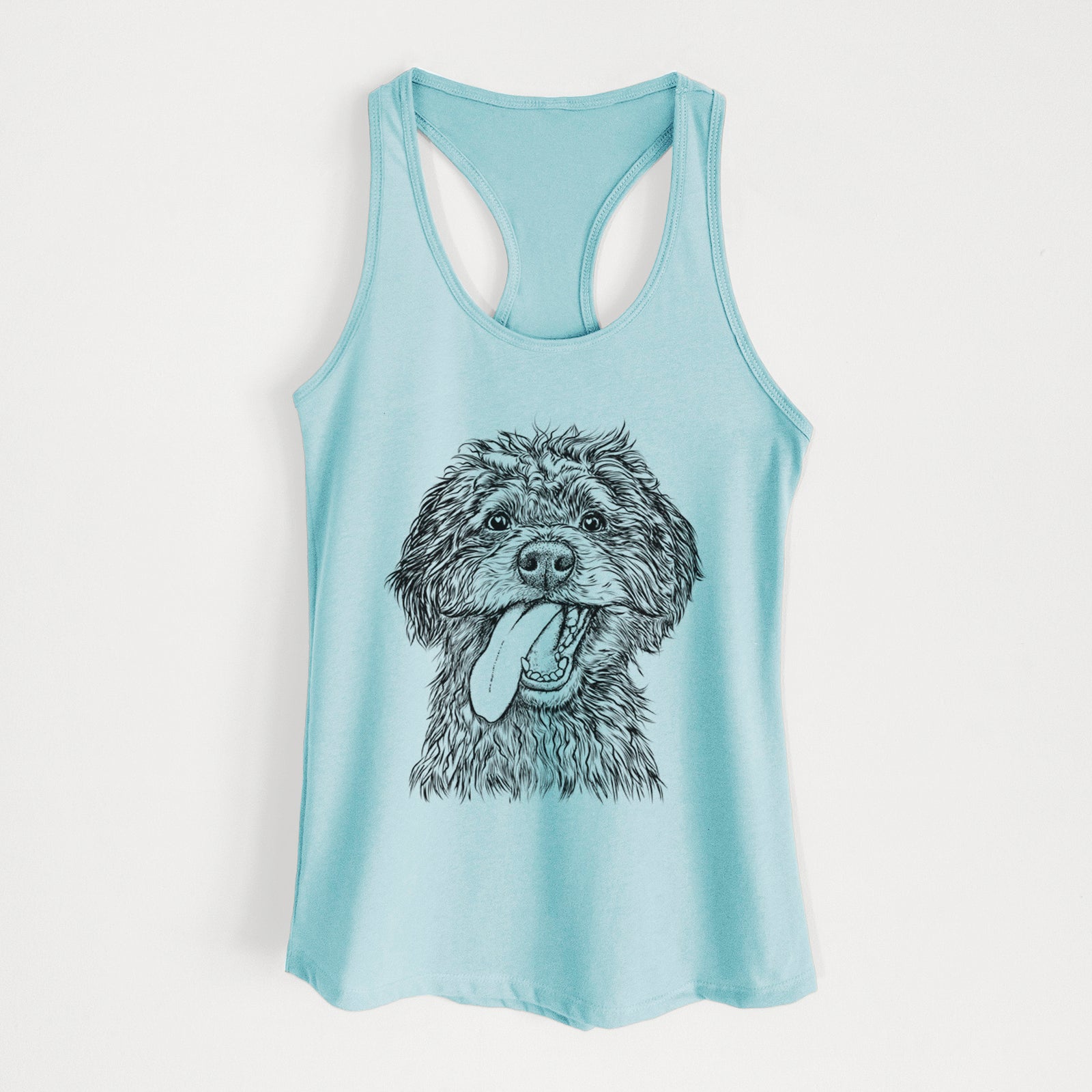 Hand-drawn sketch of Winnie the Mini Aussiedoodle on a Cancun Blue Women's racerback tanktop