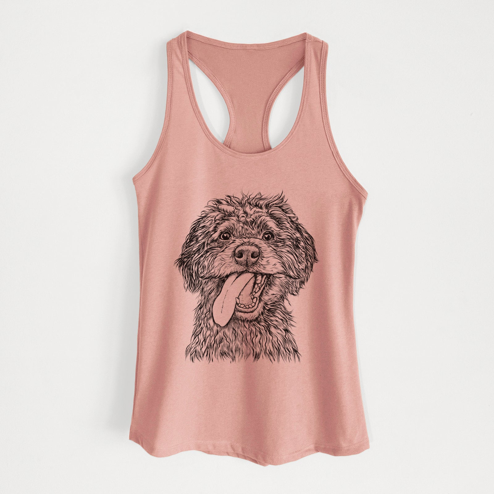 Hand-drawn sketch of Winnie the Mini Aussiedoodle on a Desert Pink Women's racerback tanktop