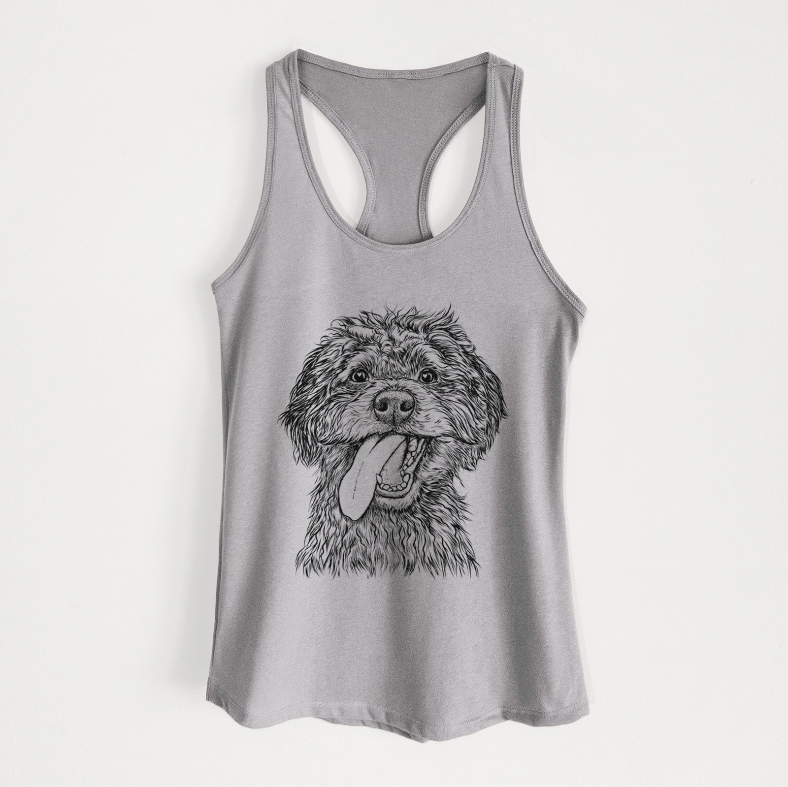 Hand-drawn sketch of Winnie the Mini Aussiedoodle on a Heather Grey Women's racerback tanktop