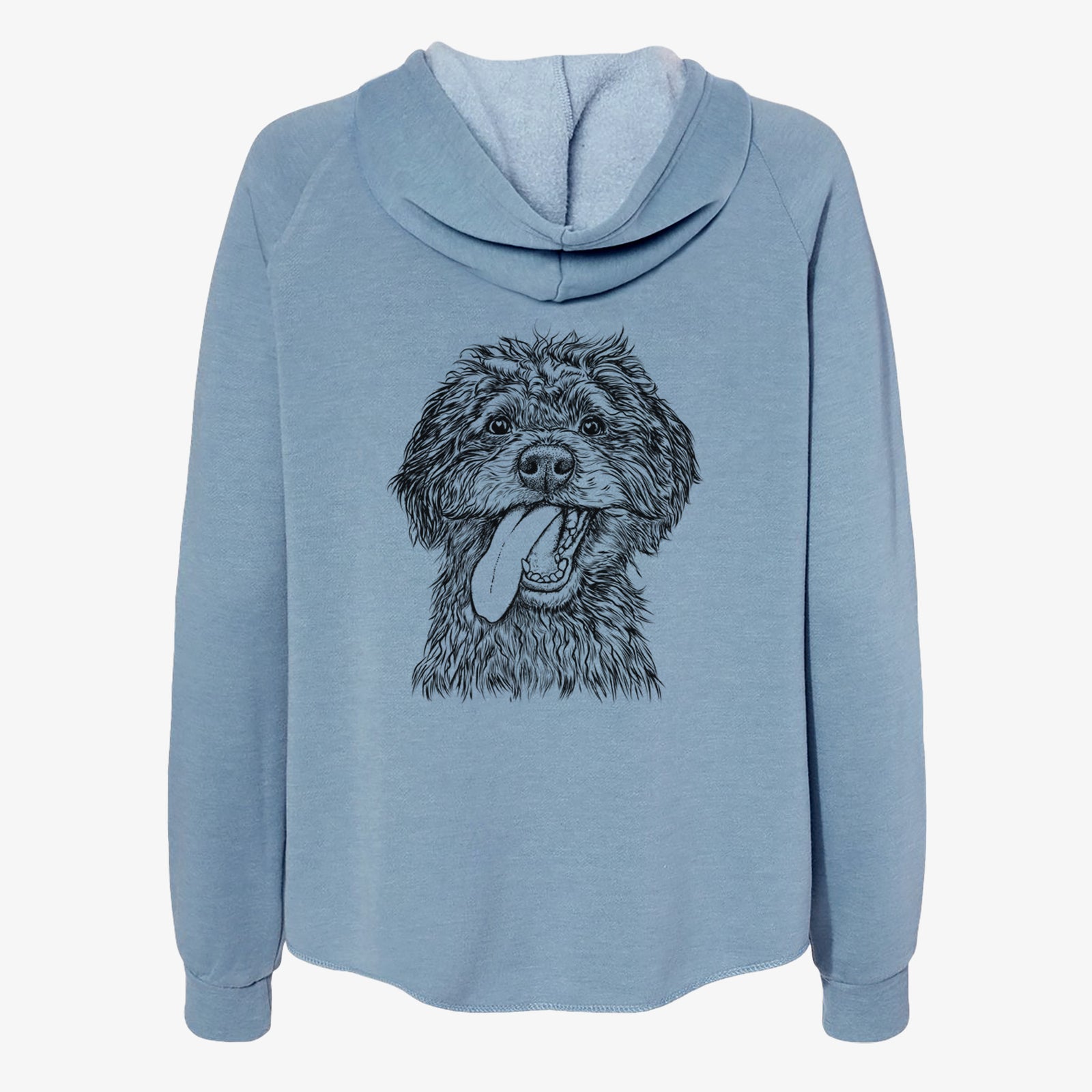 Hand-drawn sketch of Winnie the Mini Aussiedoodle on a Misty Blue Women's cali wave zip-up sweatshirt