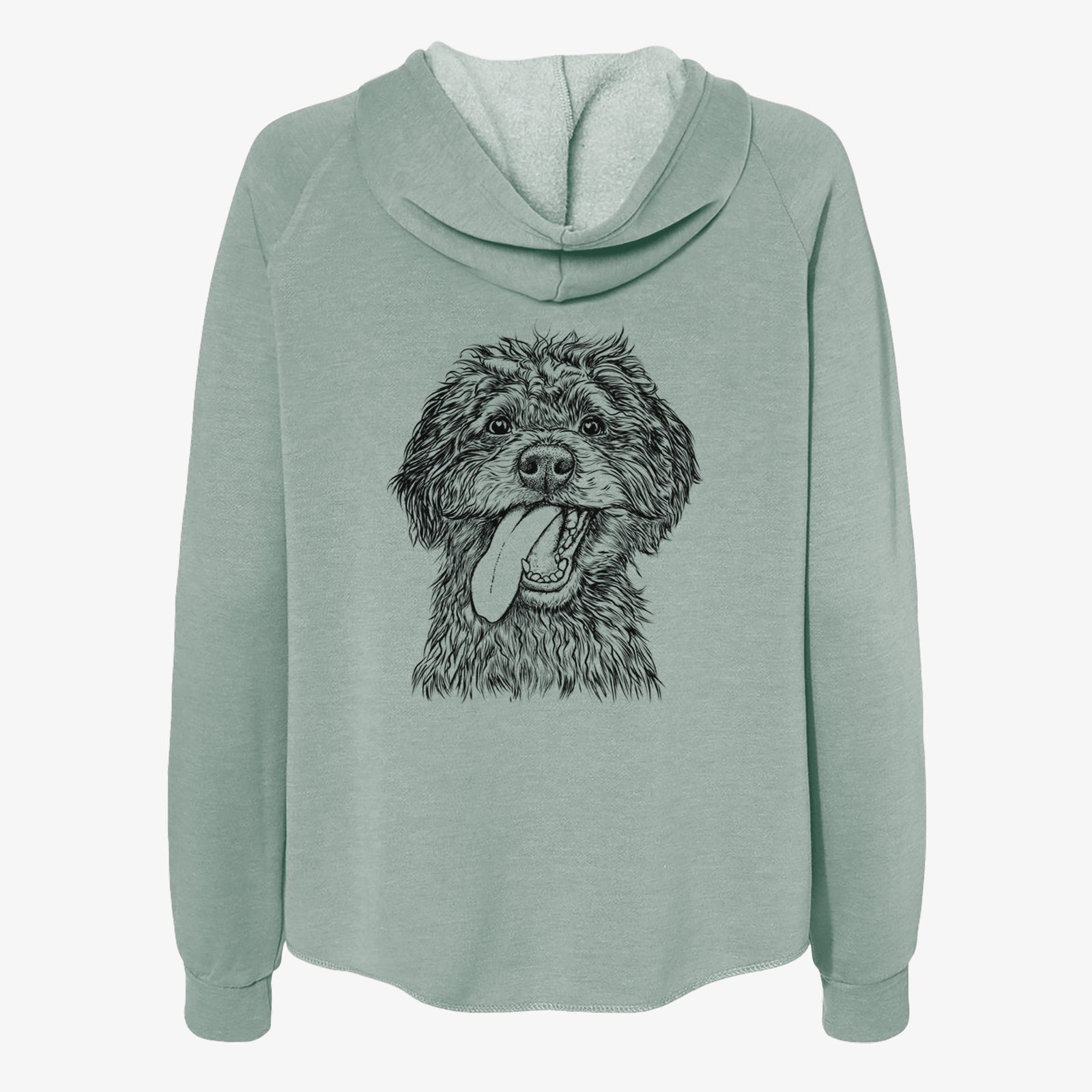 Hand-drawn sketch of Winnie the Mini Aussiedoodle on a Sage Women's cali wave zip-up sweatshirt