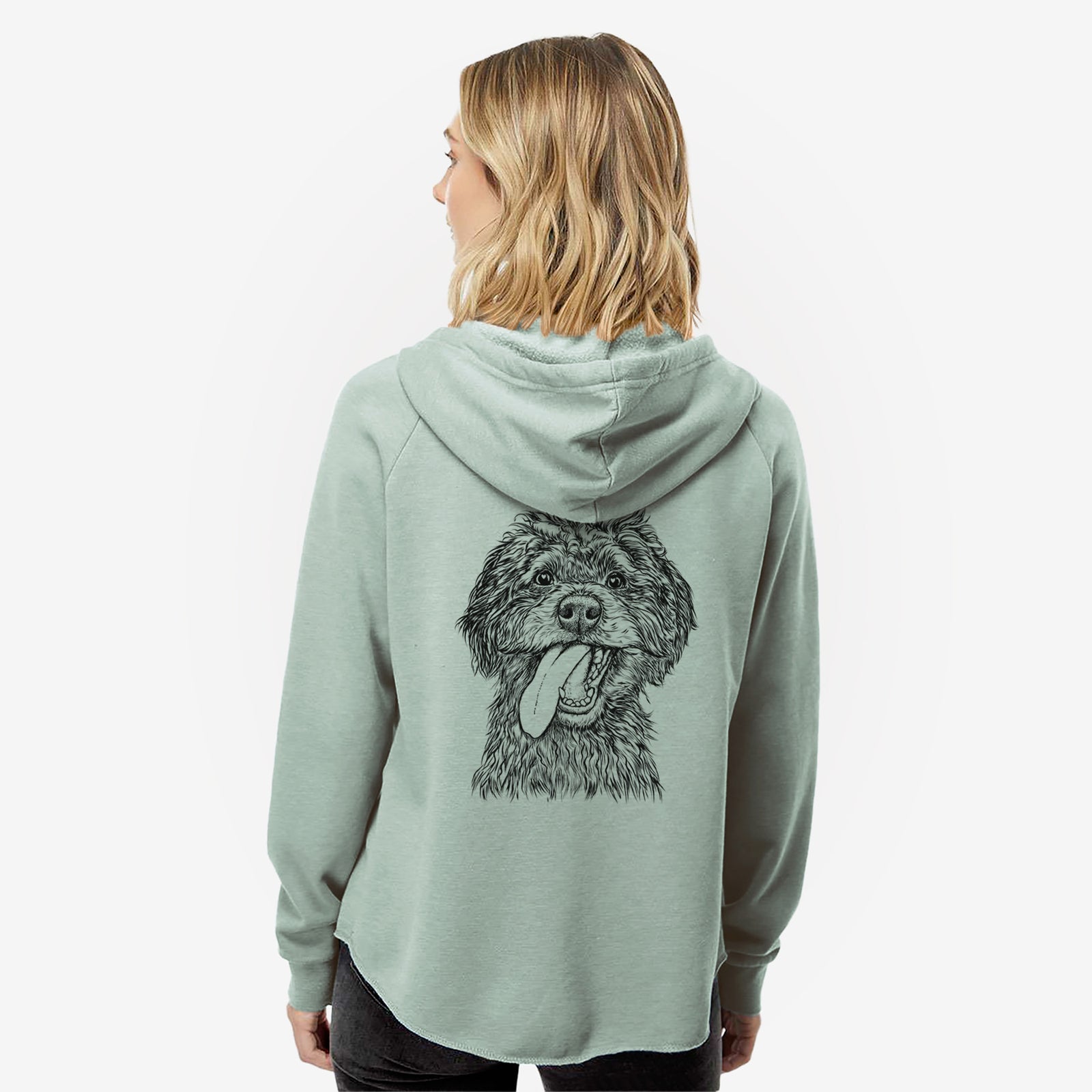 Hand-drawn sketch of Winnie the Mini Aussiedoodle on a Sage Women's cali wave zip-up sweatshirt