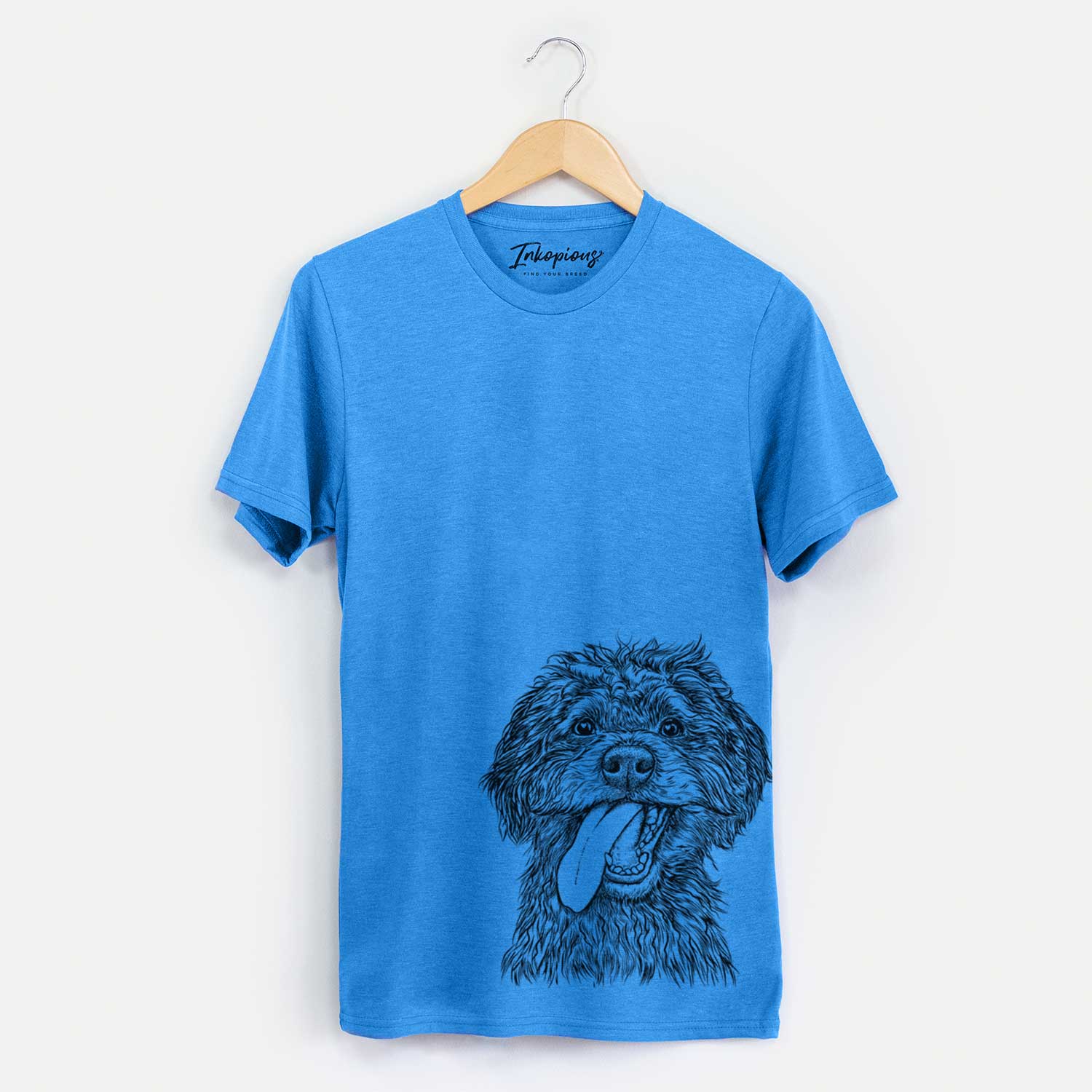 Hand-drawn sketch of Winnie the Mini Aussiedoodle on a Blue Unisex crewneck