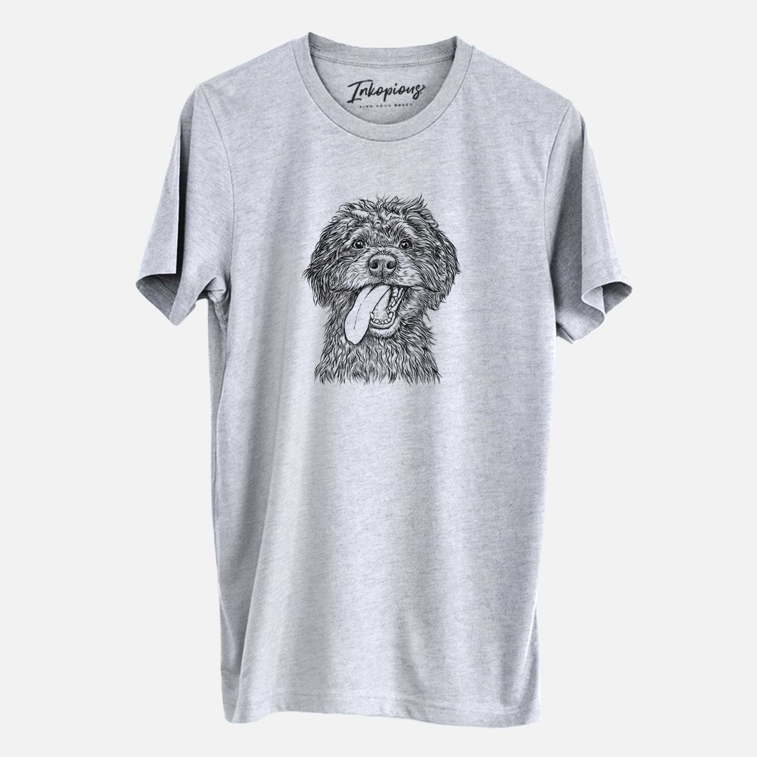 Hand-drawn sketch of Winnie the Mini Aussiedoodle on a Grey Unisex crewneck