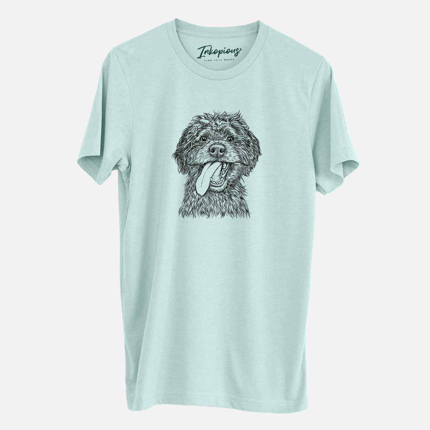 Hand-drawn sketch of Winnie the Mini Aussiedoodle on a Heather Sage Unisex crewneck