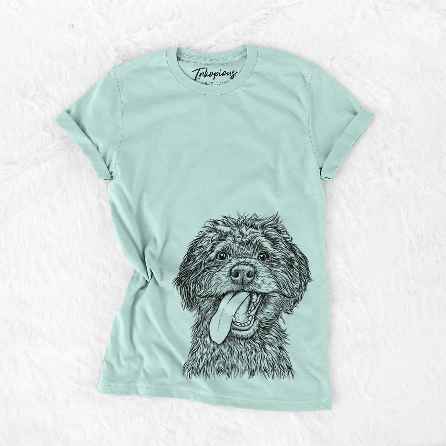 Hand-drawn sketch of Winnie the Mini Aussiedoodle on a Heather Sage Unisex crewneck