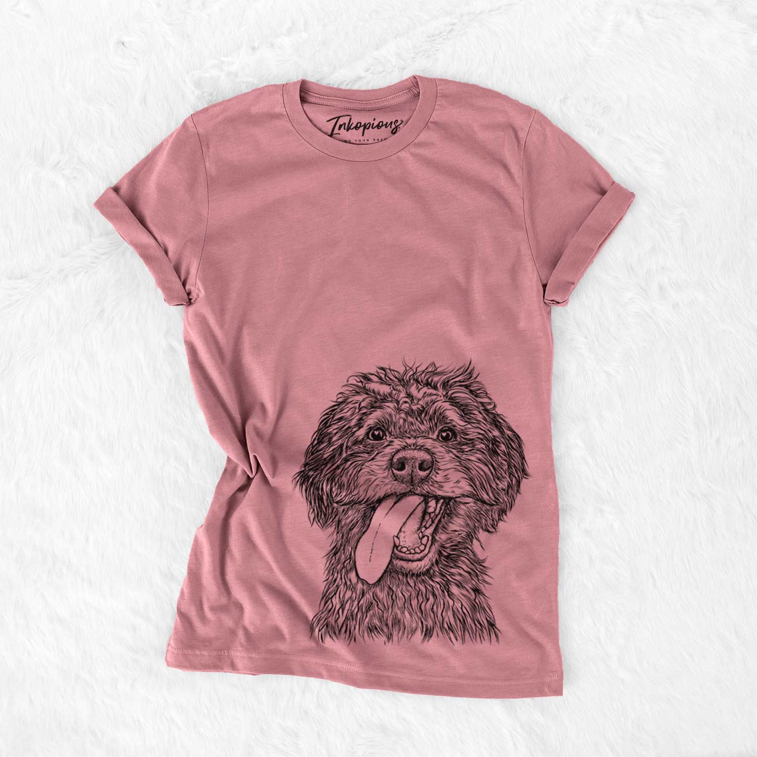 Hand-drawn sketch of Winnie the Mini Aussiedoodle on a Mauve Unisex crewneck
