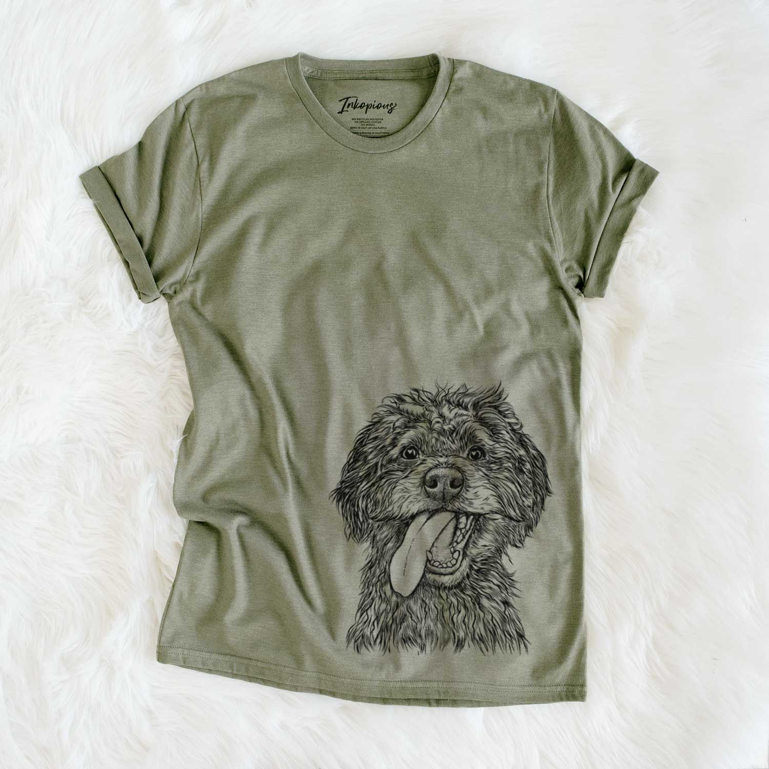 Hand-drawn sketch of Winnie the Mini Aussiedoodle on an Olive Unisex crewneck