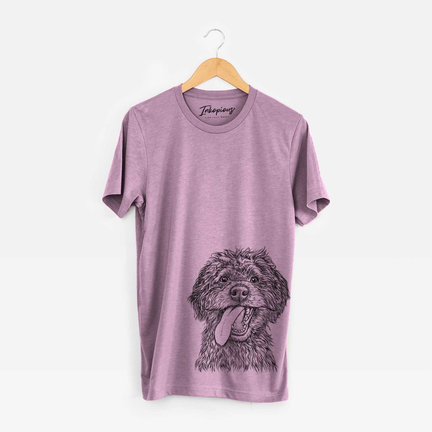 Hand-drawn sketch of Winnie the Mini Aussiedoodle on an Orchid Unisex crewneck