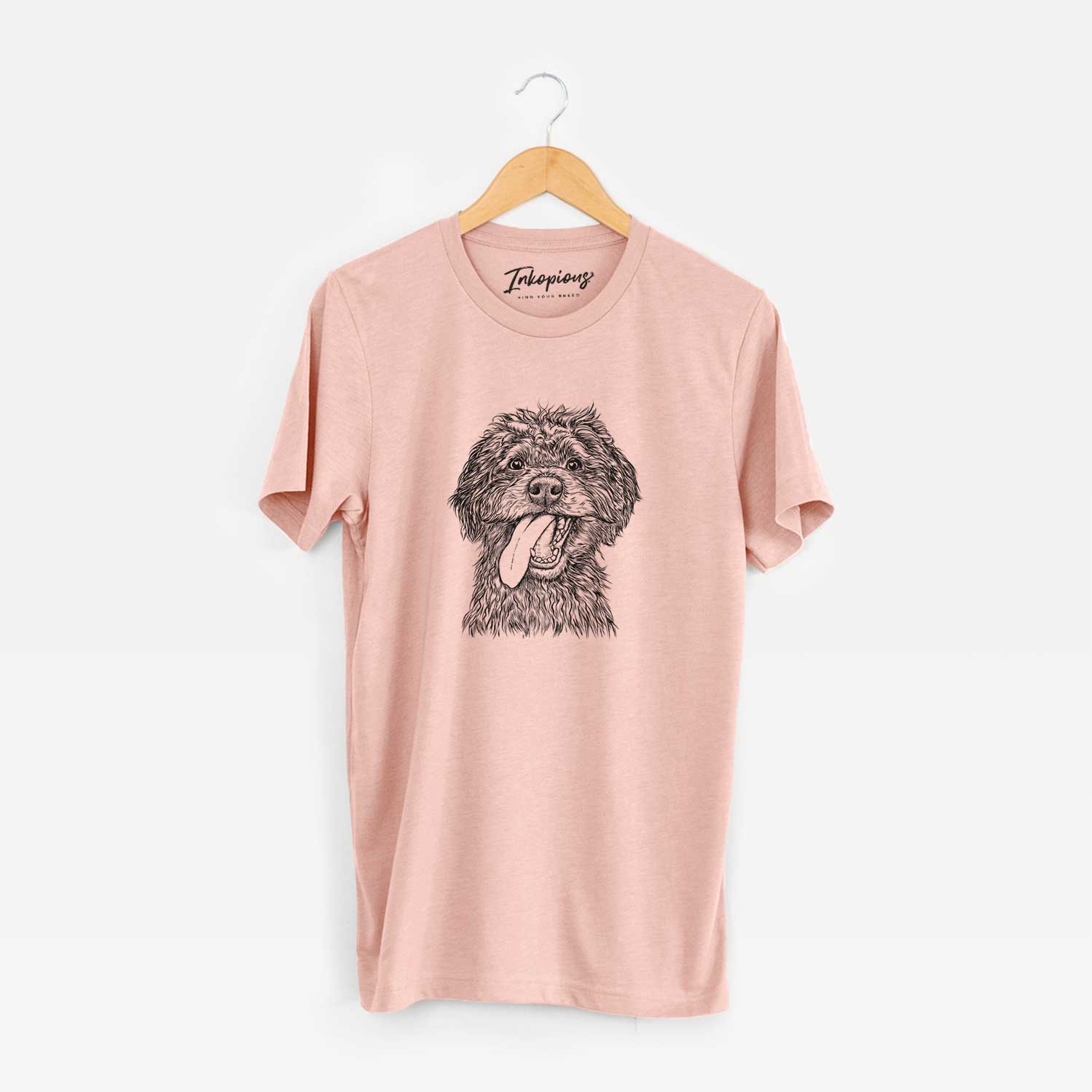 Hand-drawn sketch of Winnie the Mini Aussiedoodle on a Peach Unisex crewneck