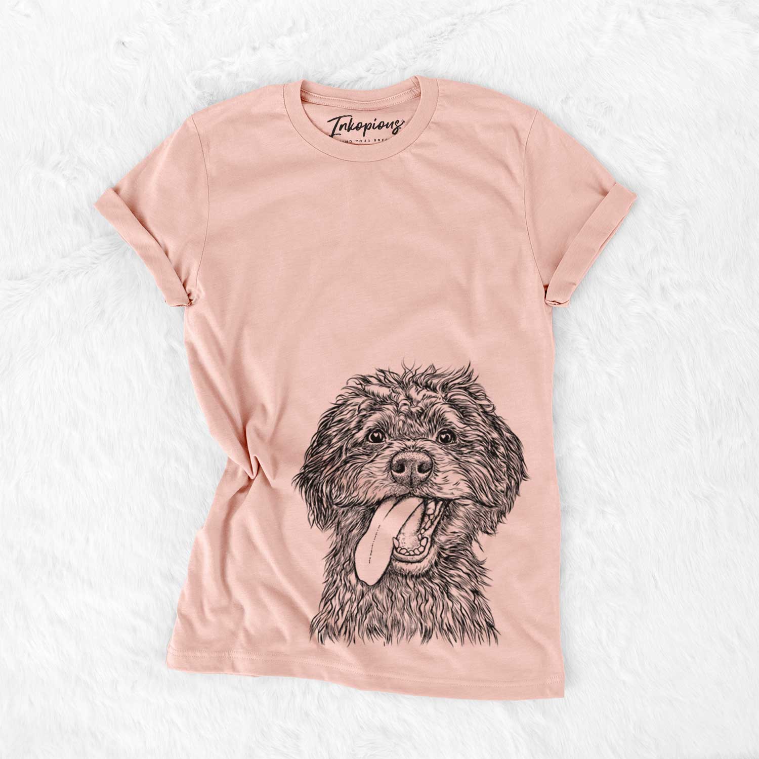 Hand-drawn sketch of Winnie the Mini Aussiedoodle on a Peach Bella Canvas Unisex Crewneck