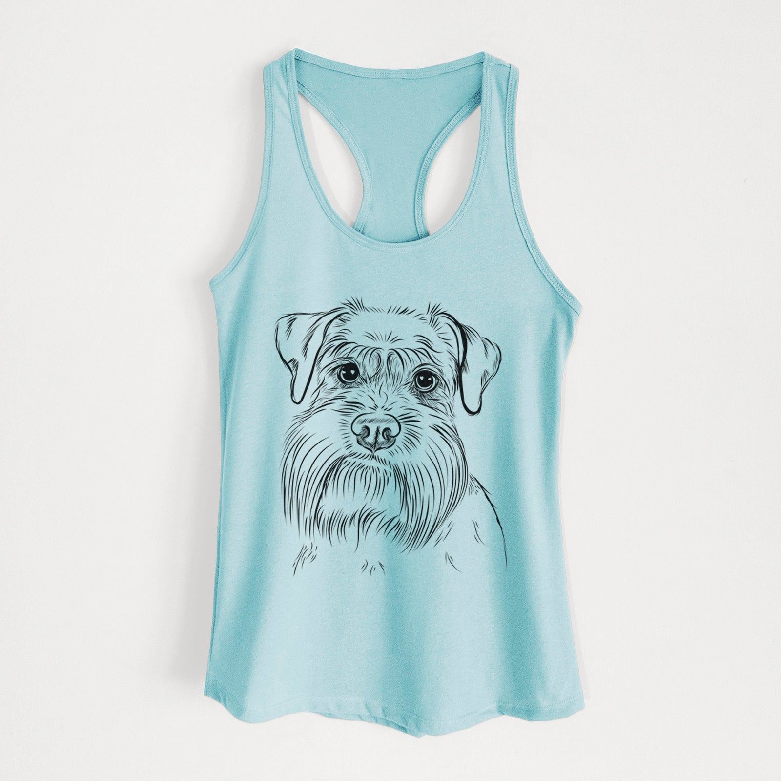Hand-drawn sketch of Wrigley the Schnauzer on a Cancun Blue Women's racerback tanktop