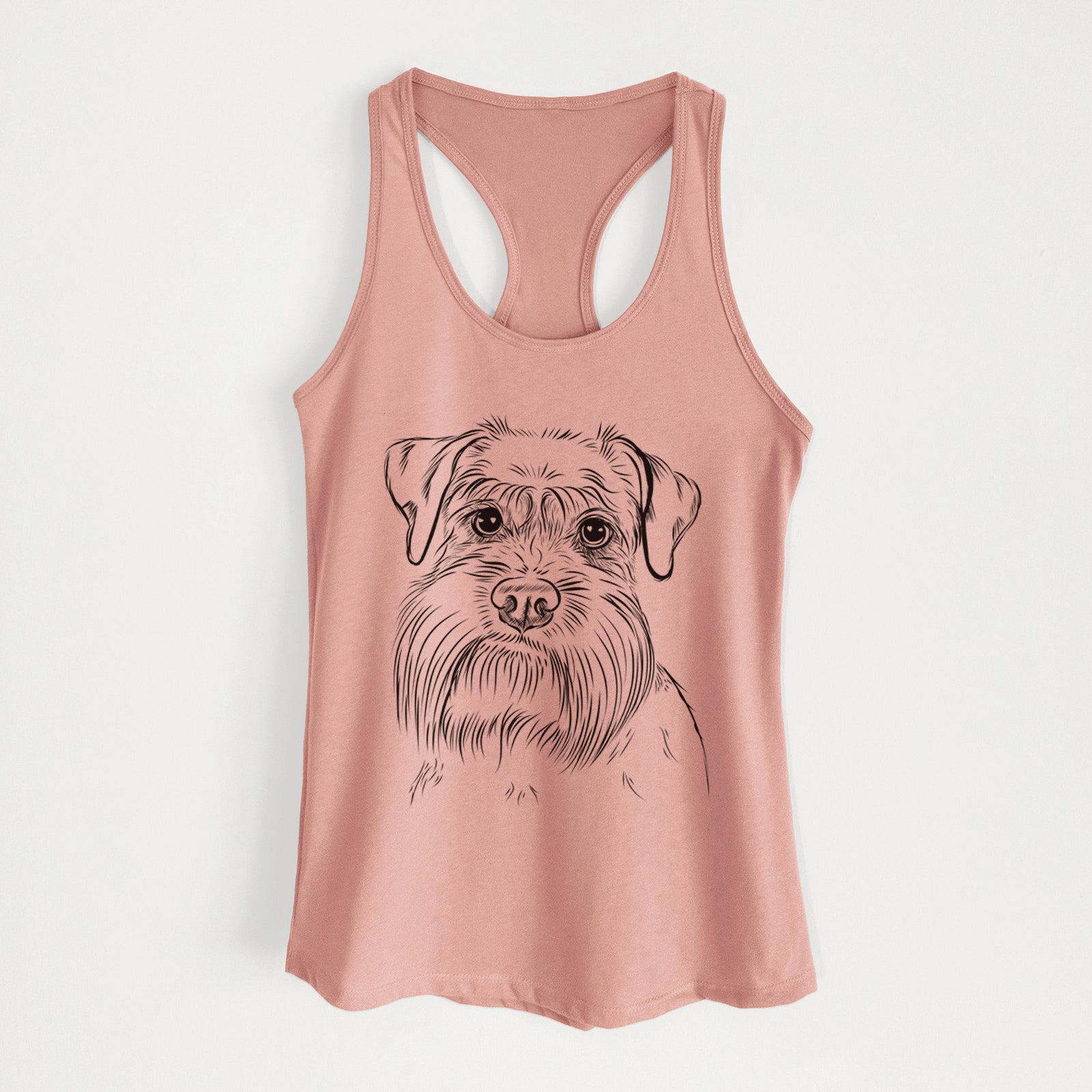 Hand-drawn sketch of Wrigley the Schnauzer on a Desert Pink Women's racerback tanktop