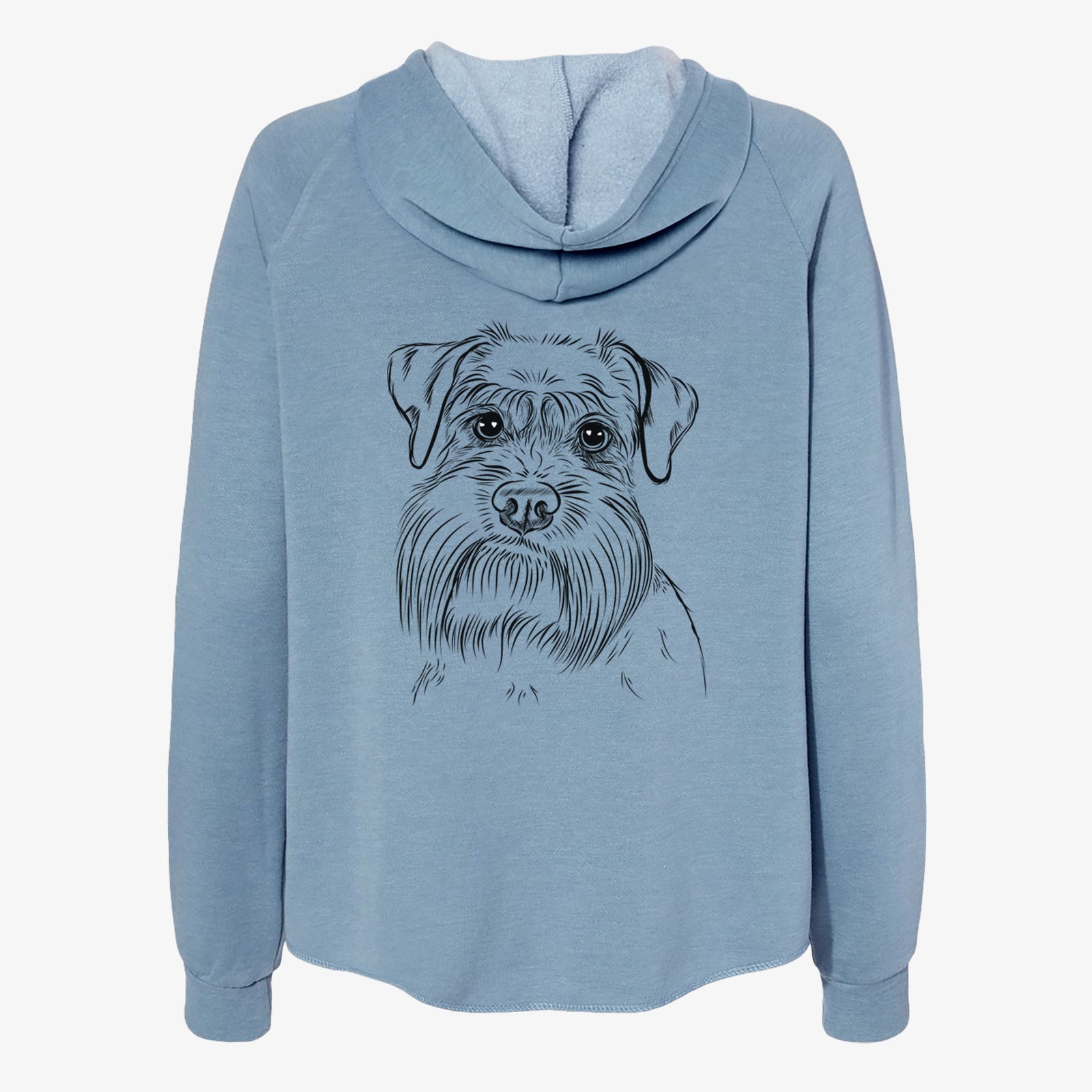 Hand-drawn sketch of Wrigley the Schnauzer on a Misty Blue Women's cali wave zip-up sweatshirt
