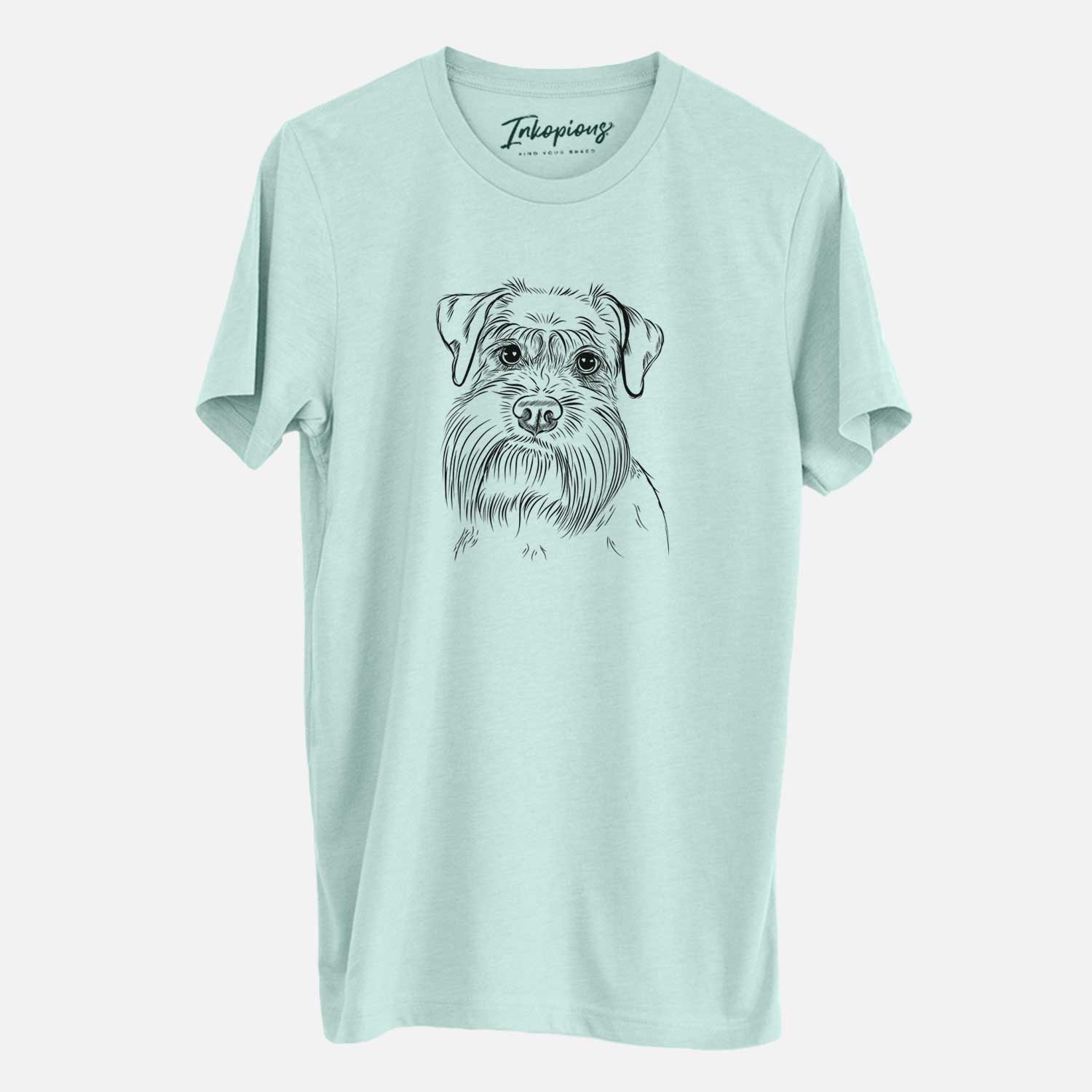 Hand-drawn sketch of Wrigley the Schnauzer on a Heather Sage Unisex crewneck