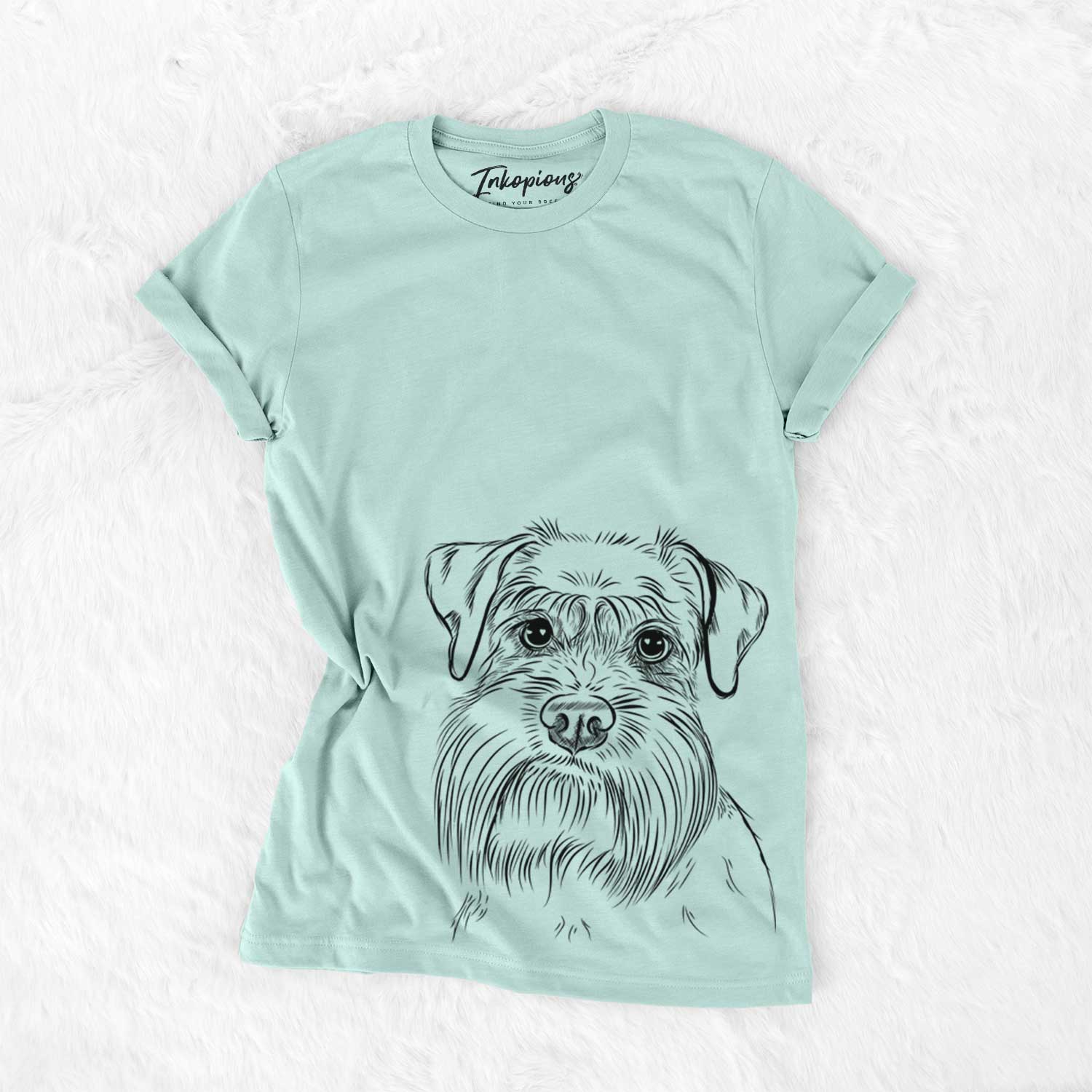 Hand-drawn sketch of Wrigley the Schnauzer on a Heather Sage Unisex crewneck