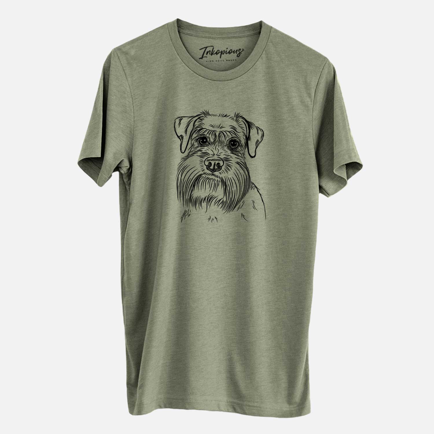 Hand-drawn sketch of Wrigley the Schnauzer on an Olive Unisex crewneck