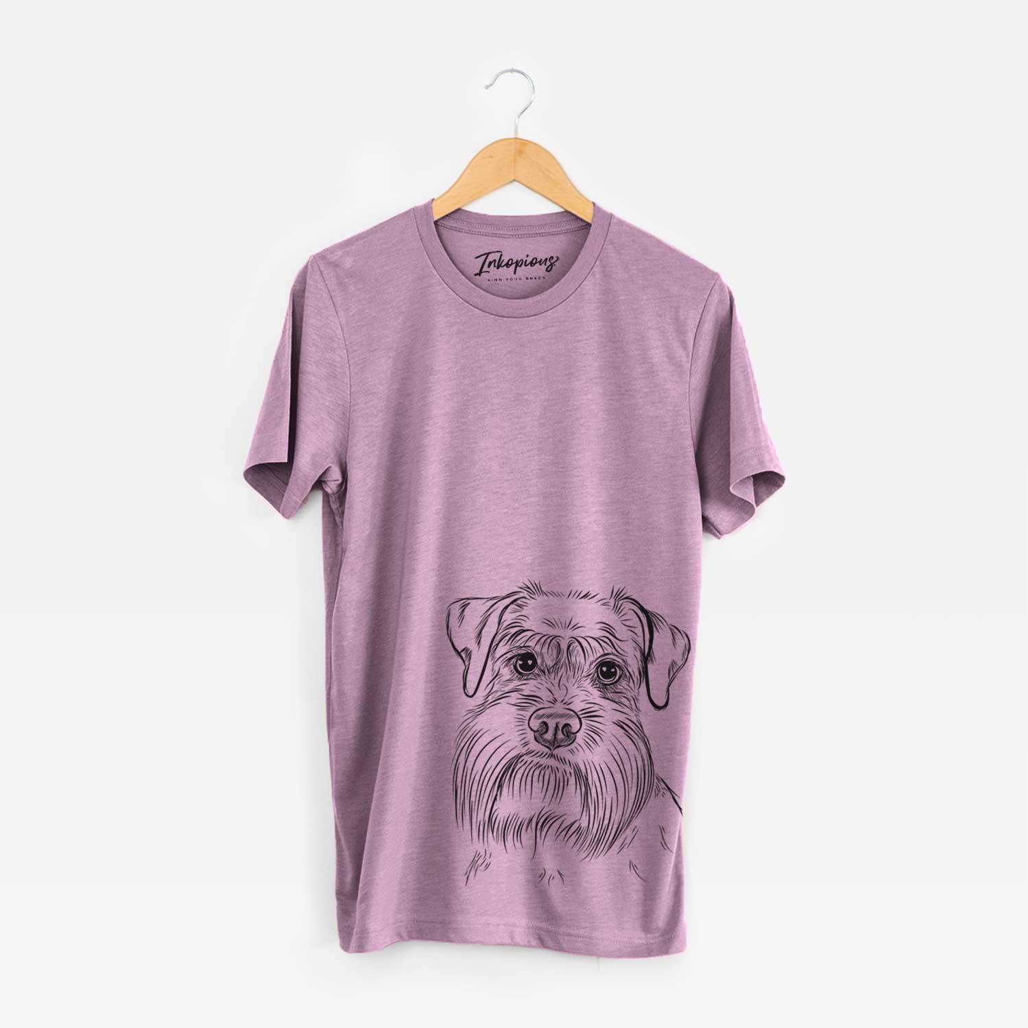 Hand-drawn sketch of Wrigley the Schnauzer on an Orchid Unisex crewneck
